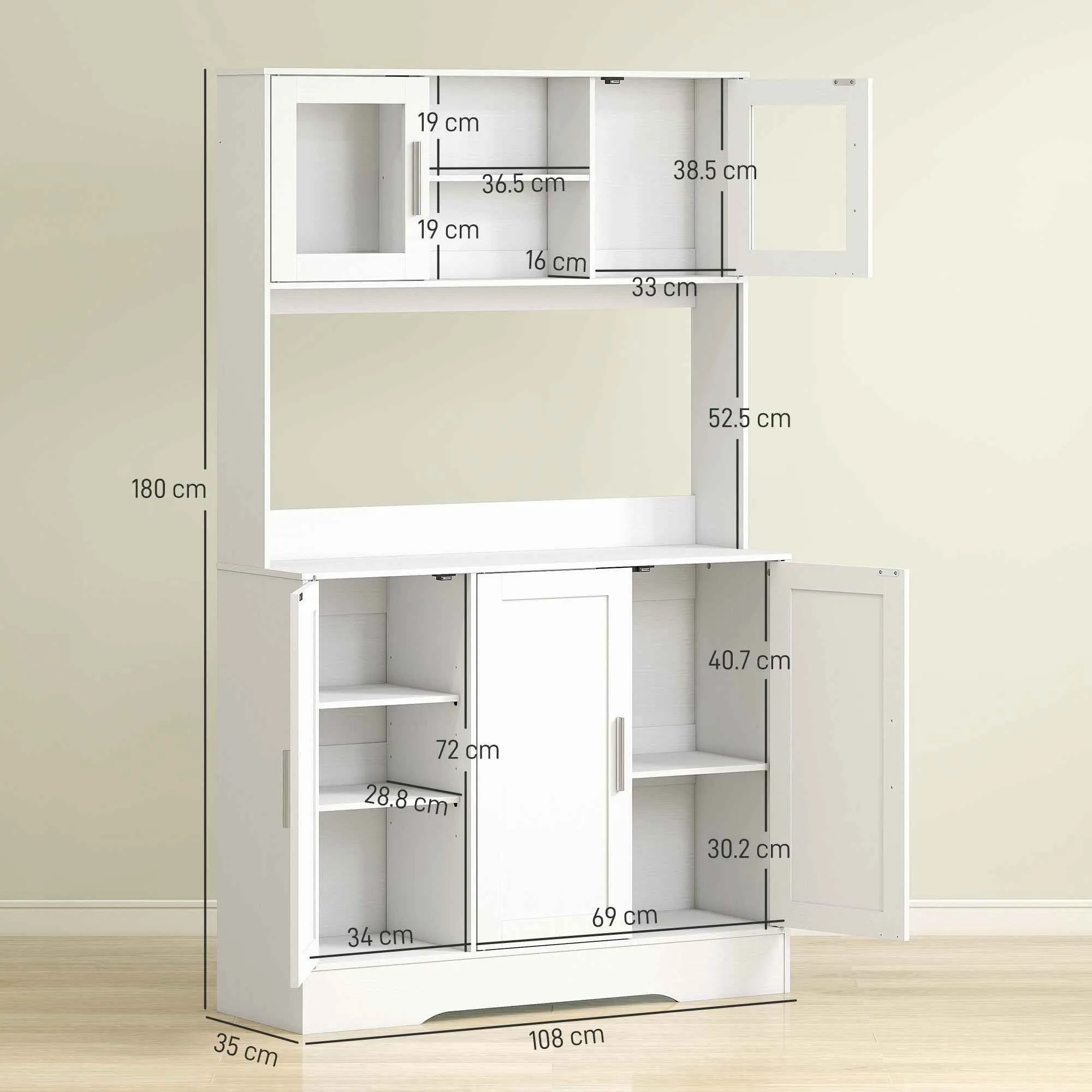 HOMCOM 4-Cup Pantry Unit with 2 Open Shelves and Worktop, Wood and Glass, 108x35x180 cm, White - Image 3