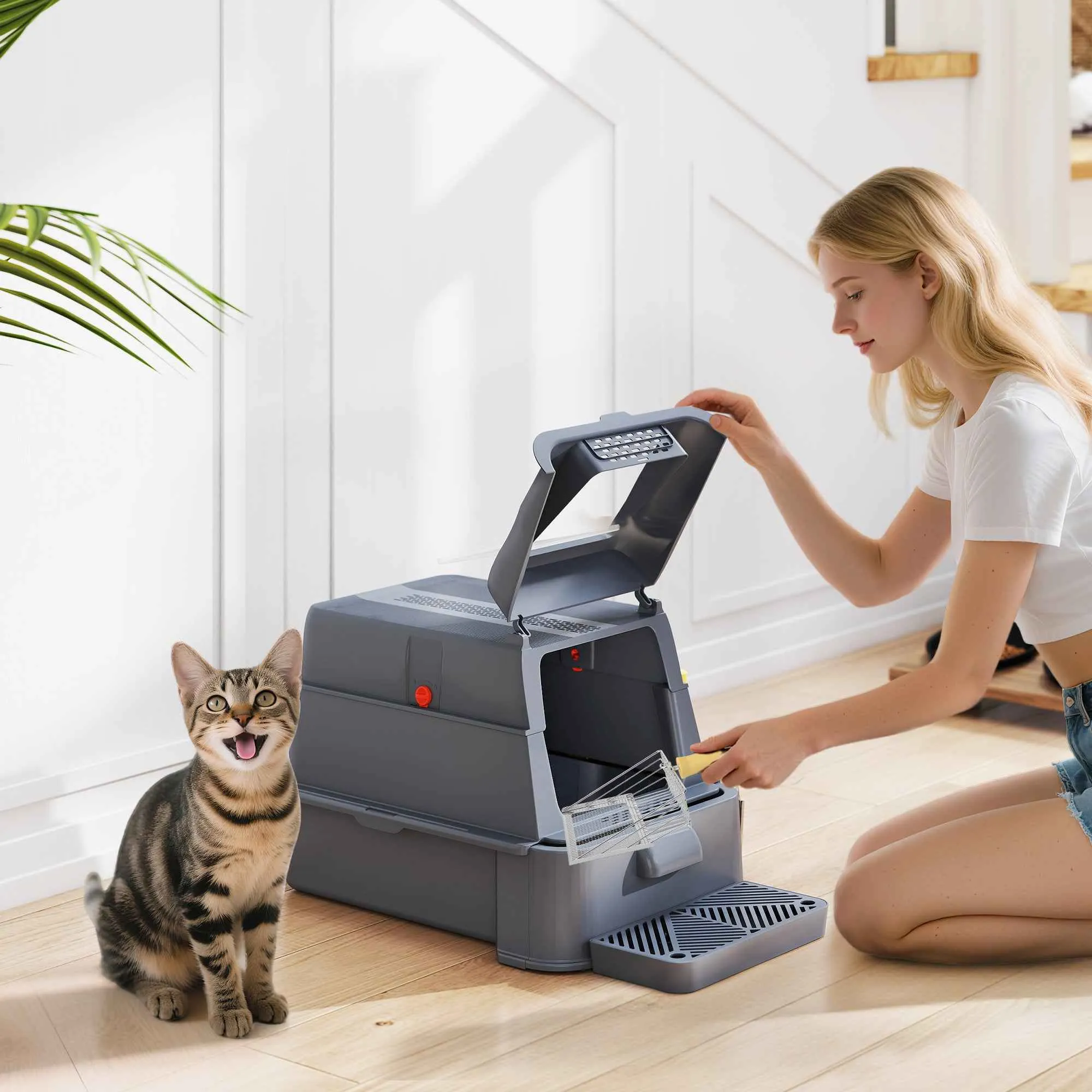 PawHut 80L Enclosed Cat Litter Box with Removable Tray, ABS and Stainless Steel, 63x43x43 cm, Dark Grey - Image 2