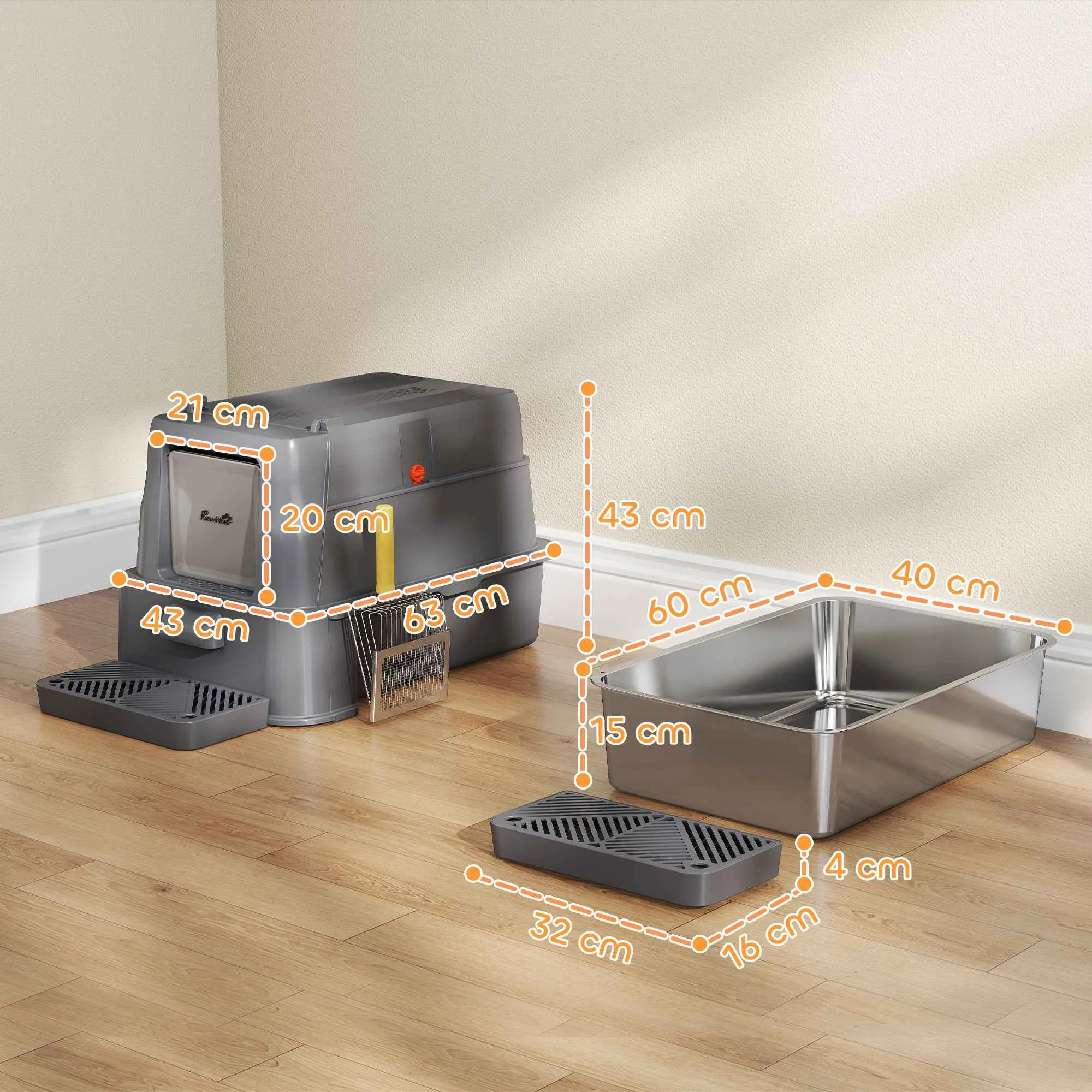 PawHut 80L Enclosed Cat Litter Box with Removable Tray, ABS and Stainless Steel, 63x43x43 cm, Dark Grey - Image 3