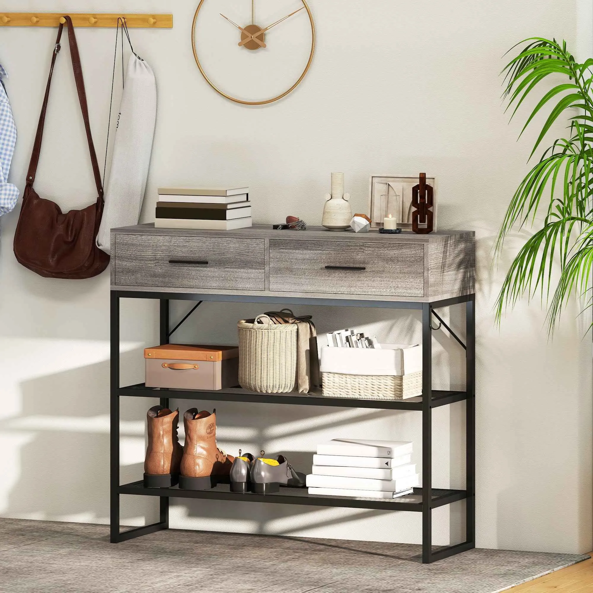 HOMCOM Entrance Console Table with 2 Drawers, 2 Shelves and Side Hook, in Wood and Metal, 100x35x92 cm, Black and Wood - Image 2