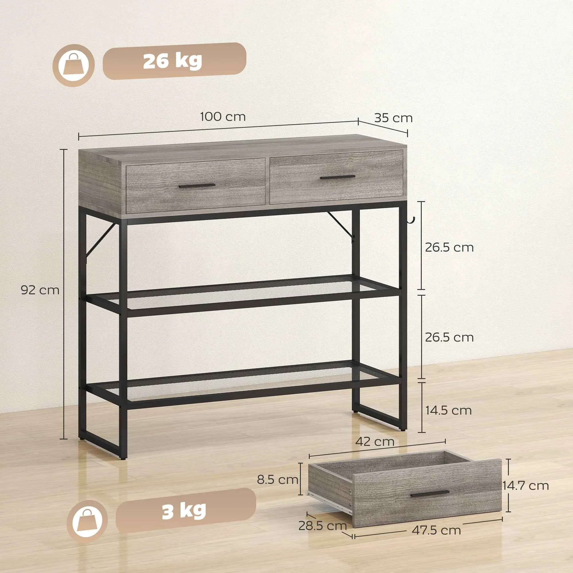 HOMCOM Entrance Console Table with 2 Drawers, 2 Shelves and Side Hook, in Wood and Metal, 100x35x92 cm, Black and Wood - Image 3