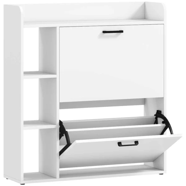 HOMCOM Slim Shoe Rack with 2 Tilting Drawers and 3 Open Compartments, Capacity 15 Shoes, 83x24x90.5 cm, White