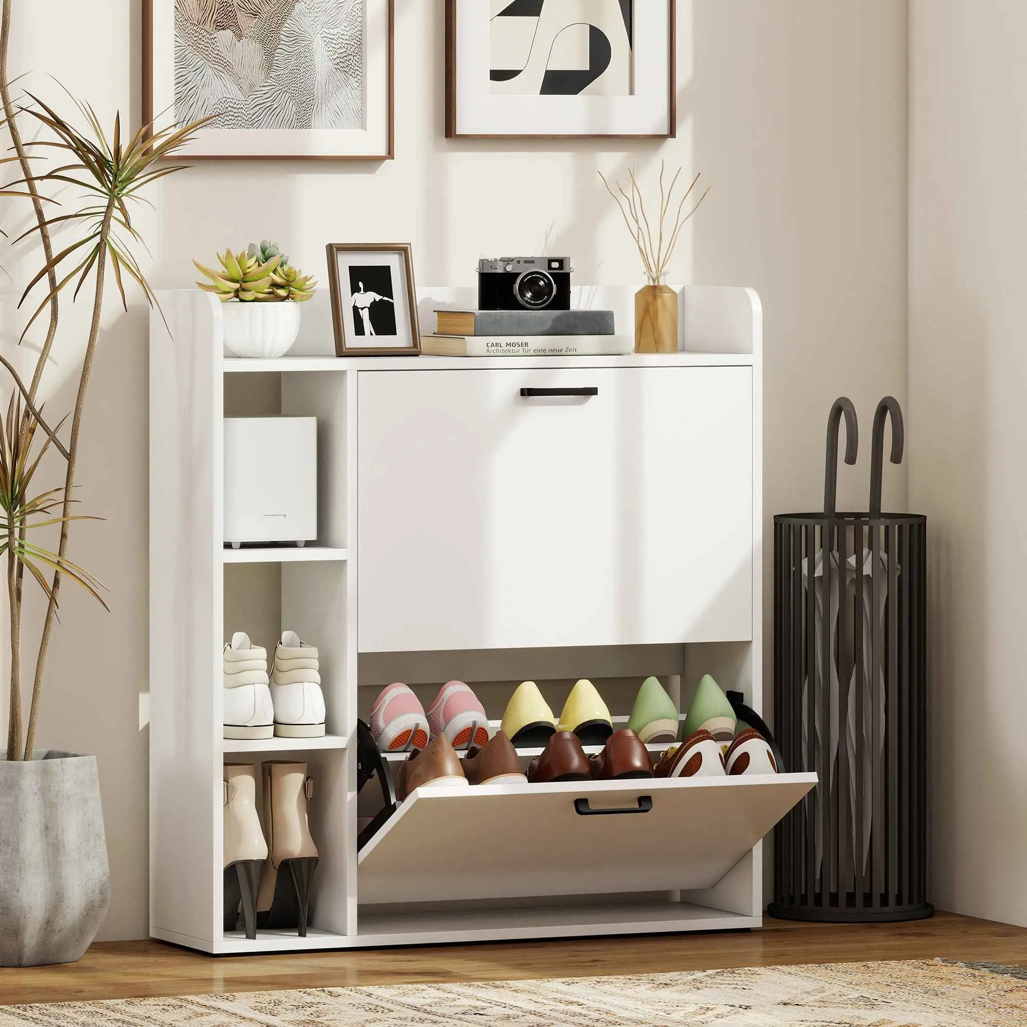 HOMCOM Slim Shoe Rack with 2 Tilting Drawers and 3 Open Compartments, Capacity 15 Shoes, 83x24x90.5 cm, White - Image 2