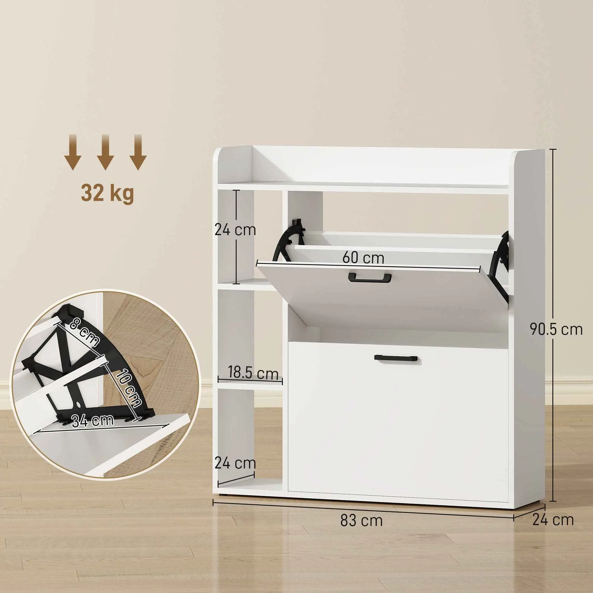 HOMCOM Slim Shoe Rack with 2 Tilting Drawers and 3 Open Compartments, Capacity 15 Shoes, 83x24x90.5 cm, White - Image 3