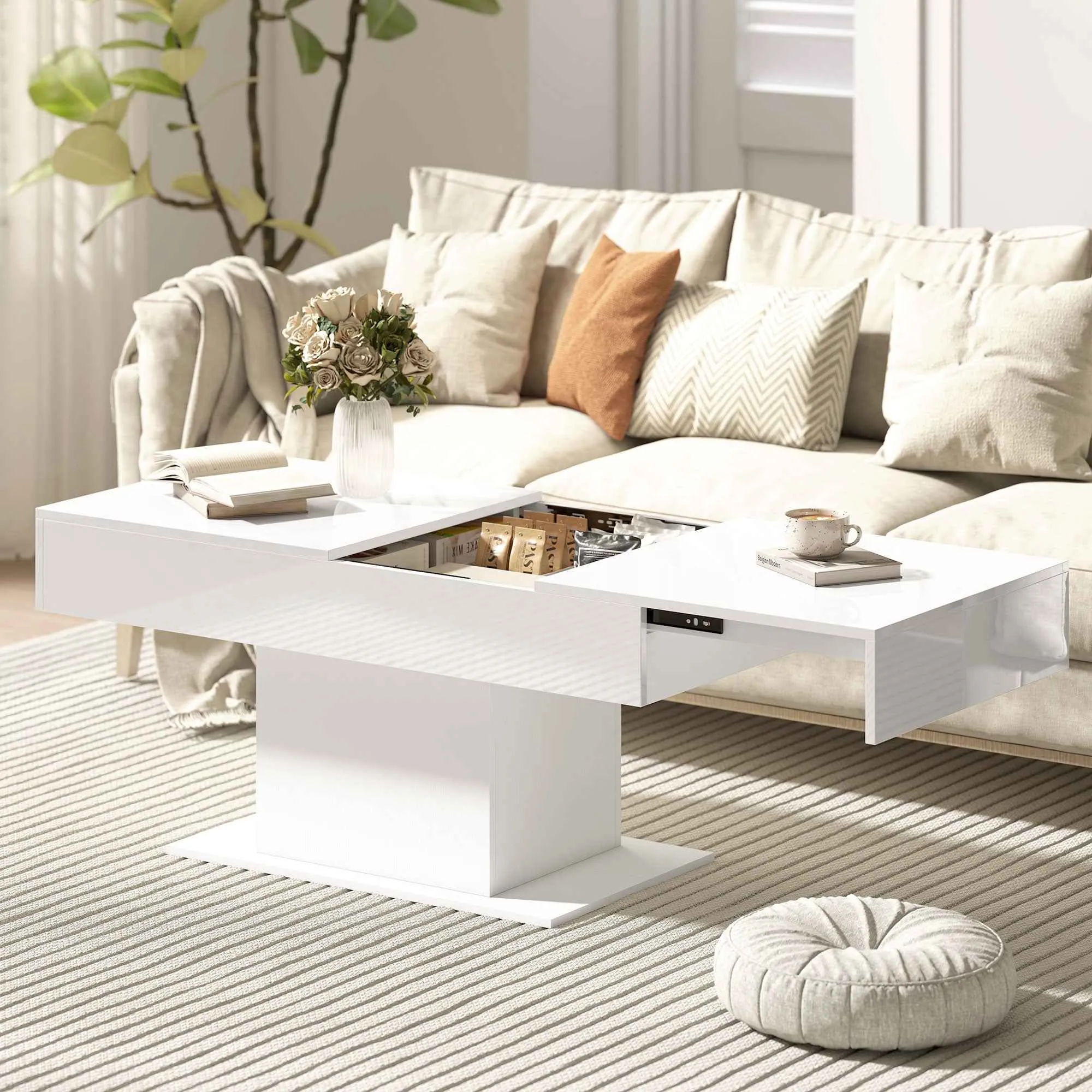 HOMCOM Extendable Coffee Table with Modern Storage, 108-178.5x53x49 cm, Gloss White - Image 2