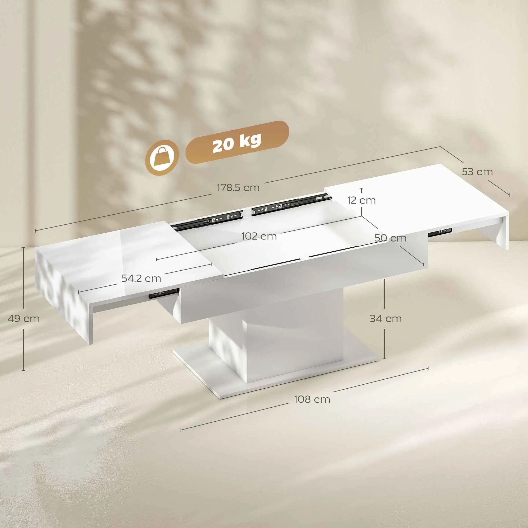 HOMCOM Extendable Coffee Table with Modern Storage, 108-178.5x53x49 cm, Gloss White - Image 3