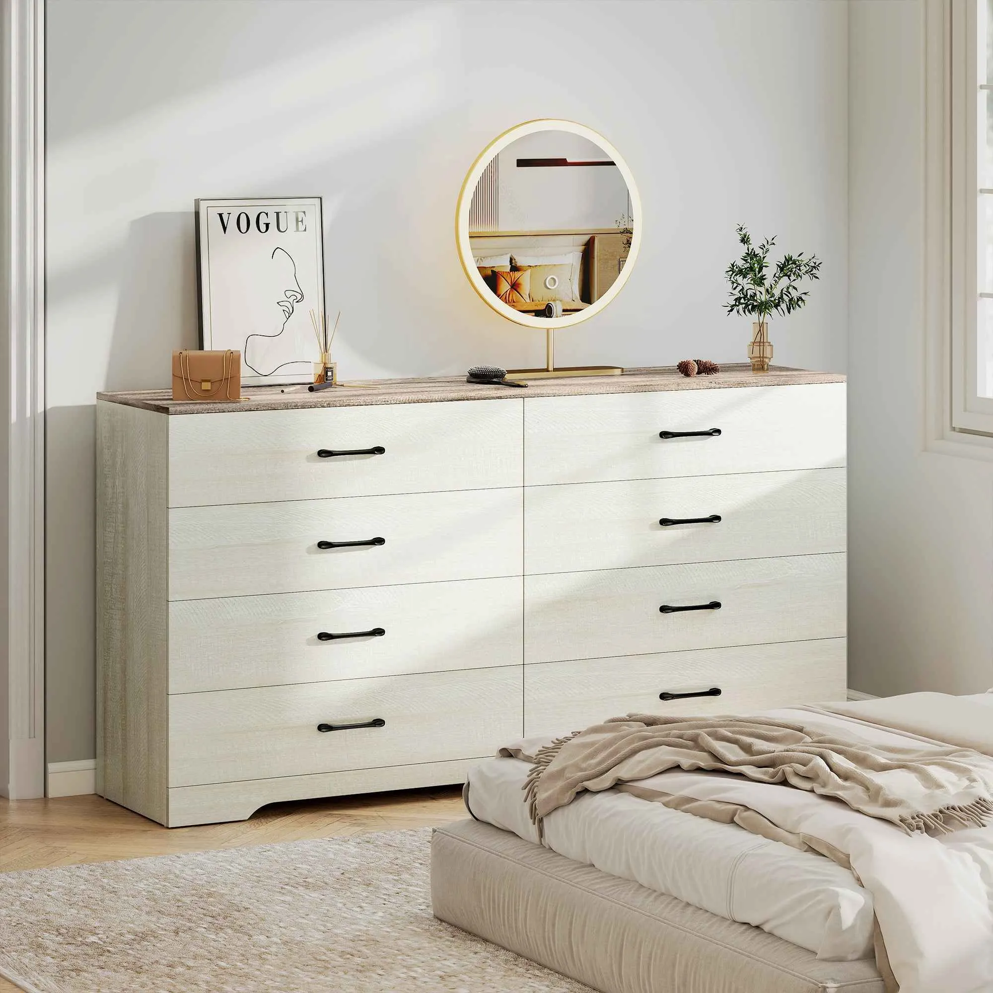 HOMCOM Modern 8-Drawer Wooden Chest of Drawers, 140x40x86 cm, Walnut and Light Grey - Image 2