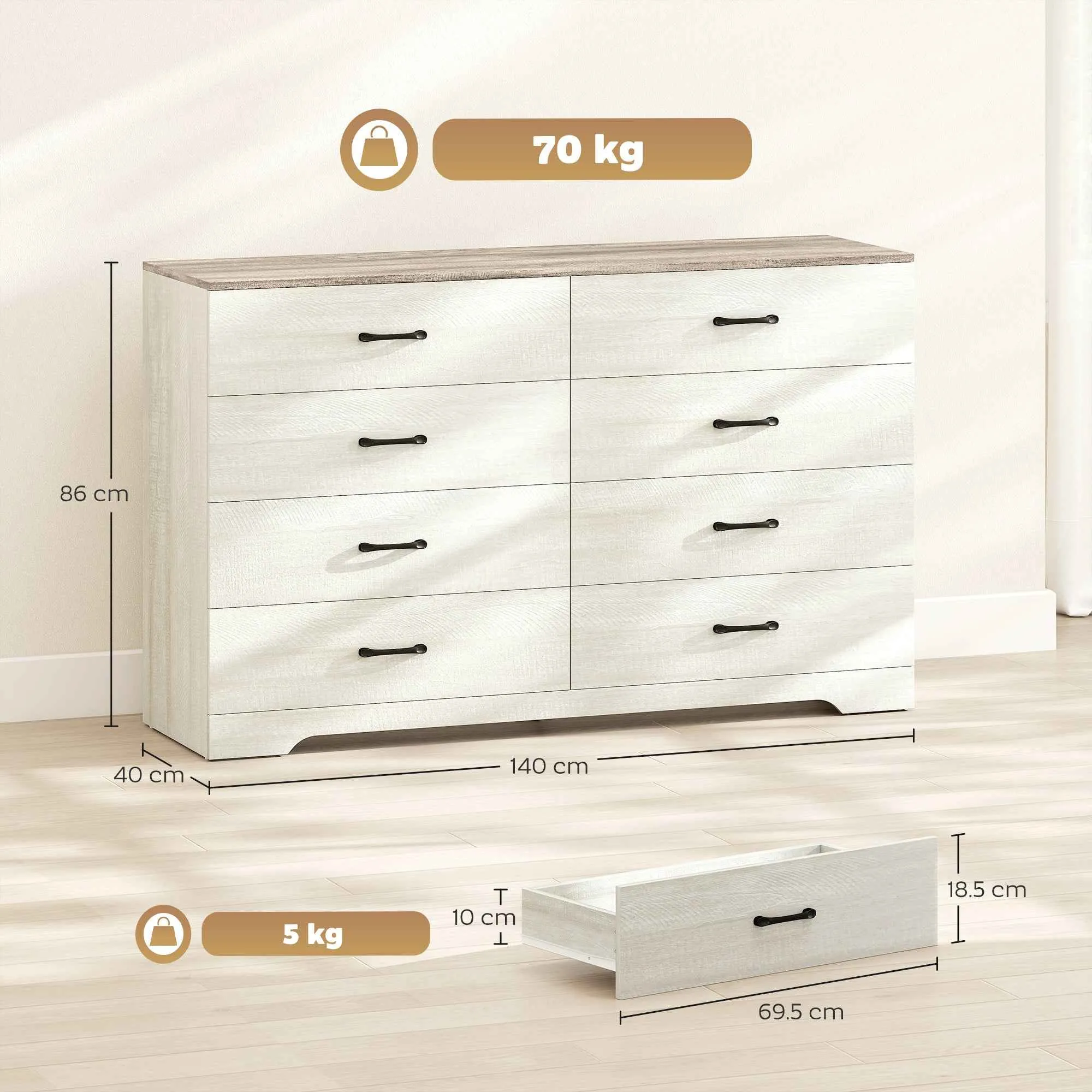 HOMCOM Modern 8-Drawer Wooden Chest of Drawers, 140x40x86 cm, Walnut and Light Grey - Image 3