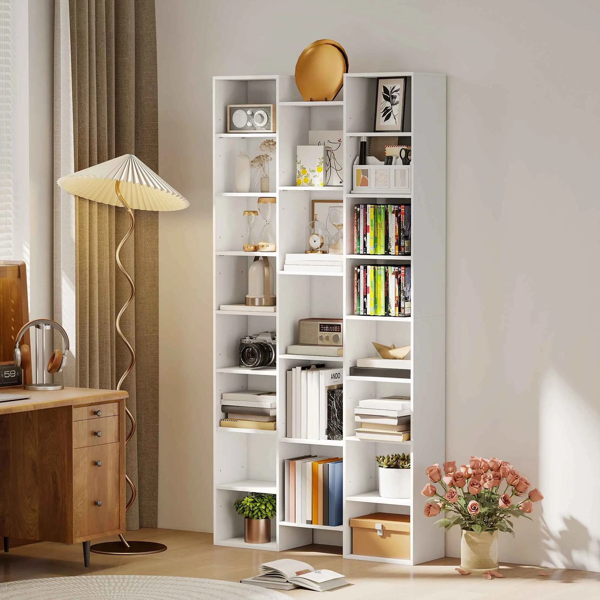 HOMCOM Modern Wooden Bookcase, 181 cm High, with 21 Compartments and 10 Adjustable Shelves, White - Image 2