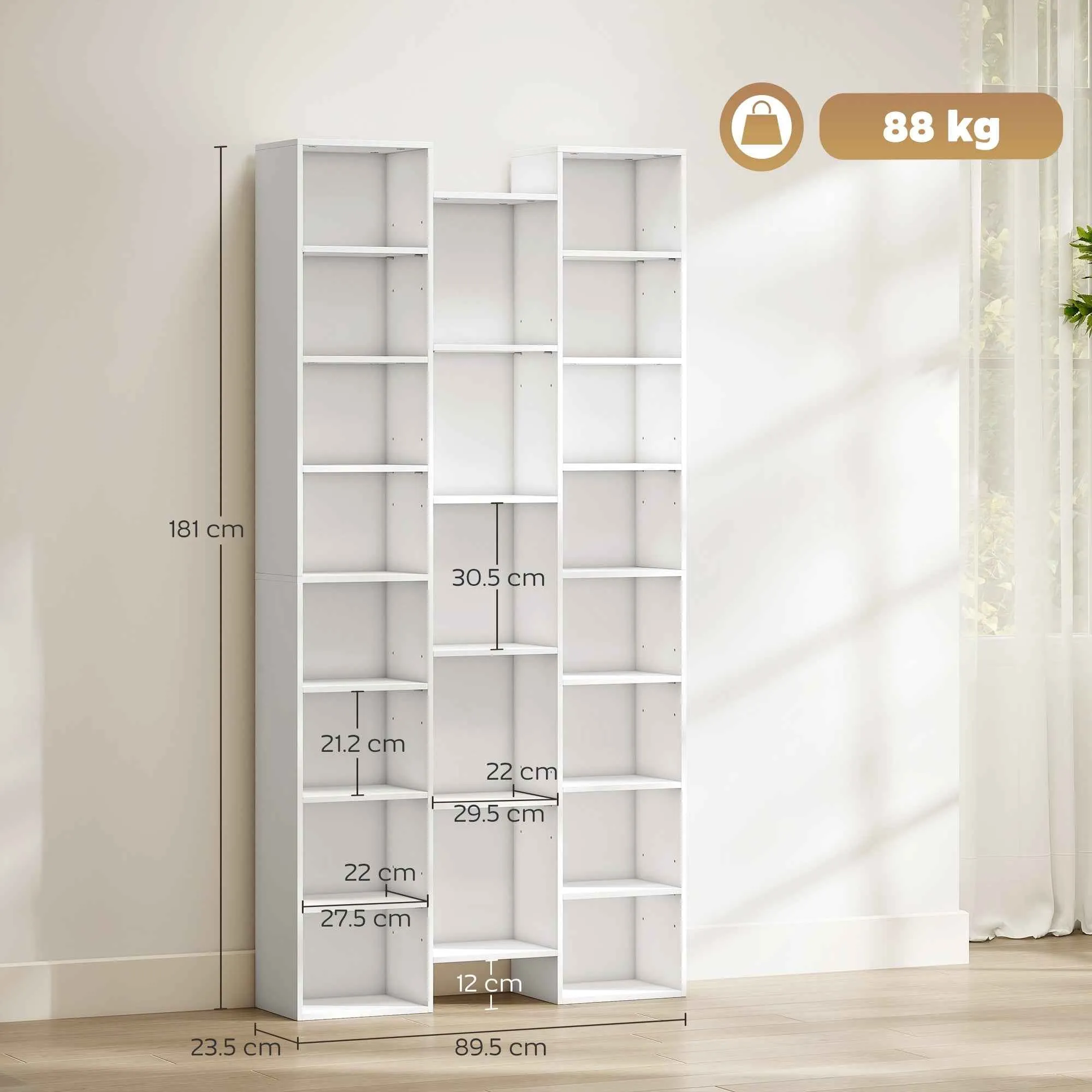 HOMCOM Modern Wooden Bookcase, 181 cm High, with 21 Compartments and 10 Adjustable Shelves, White - Image 3