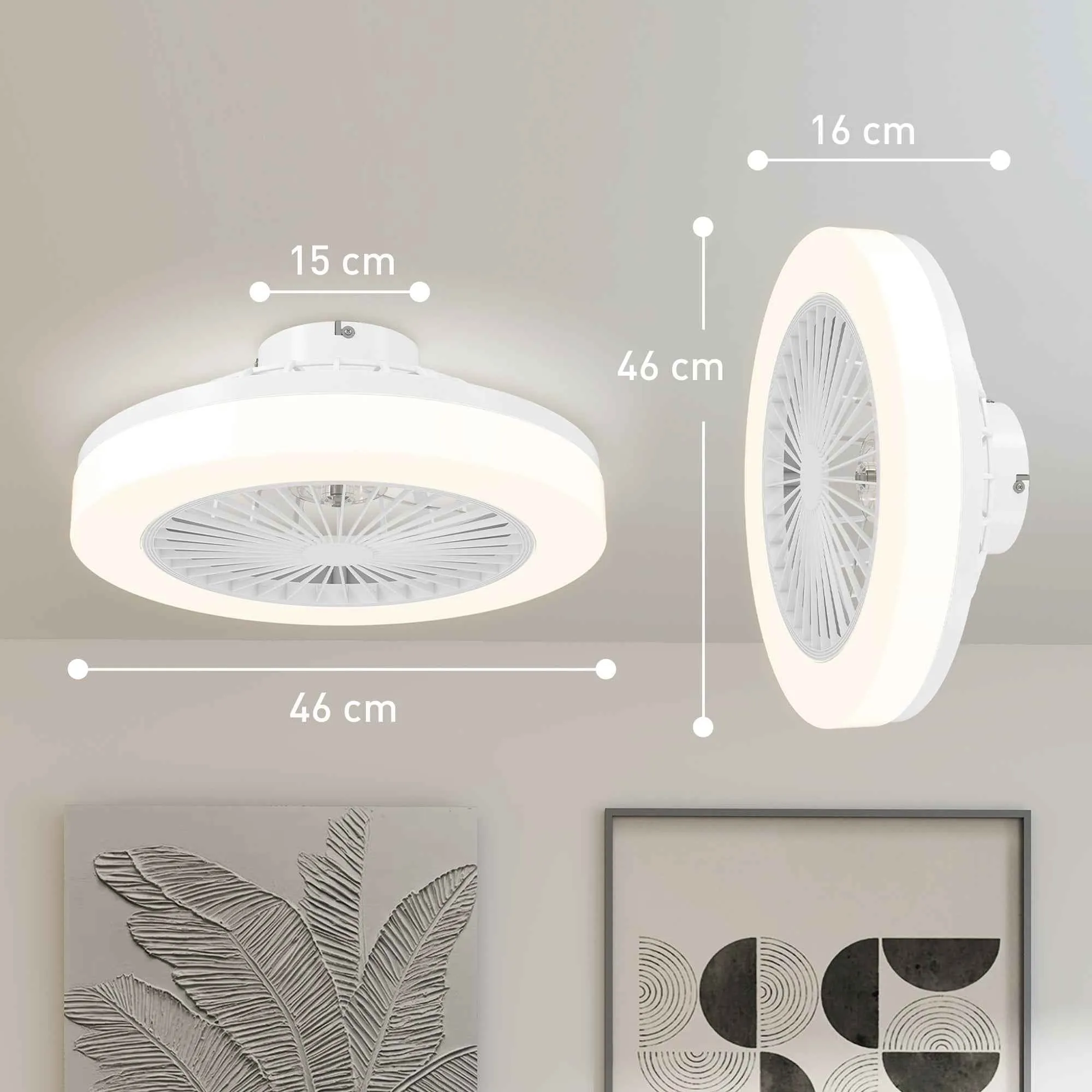 HOMCOM Ceiling Fan with Adjustable LED Light and 6 Speeds, Made of Plastic and Acrylic, Ø46x16 cm, White - Image 3