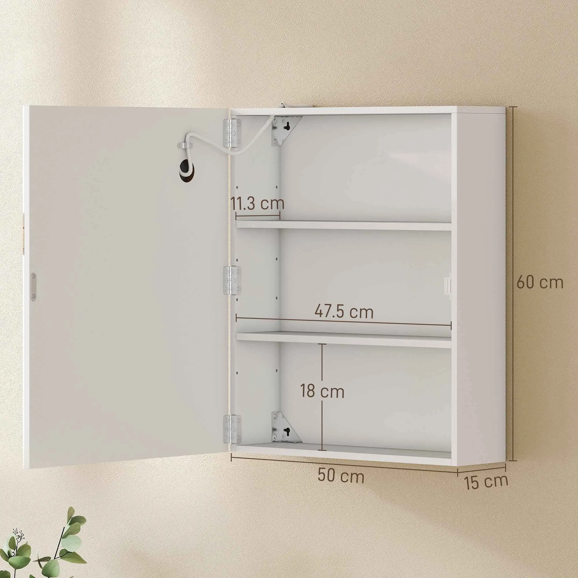 HOMCOM Bathroom Cabinet with Mirror, Adjustable LED Light and Anti-Fog System, 50x15x60 cm, White - Image 3