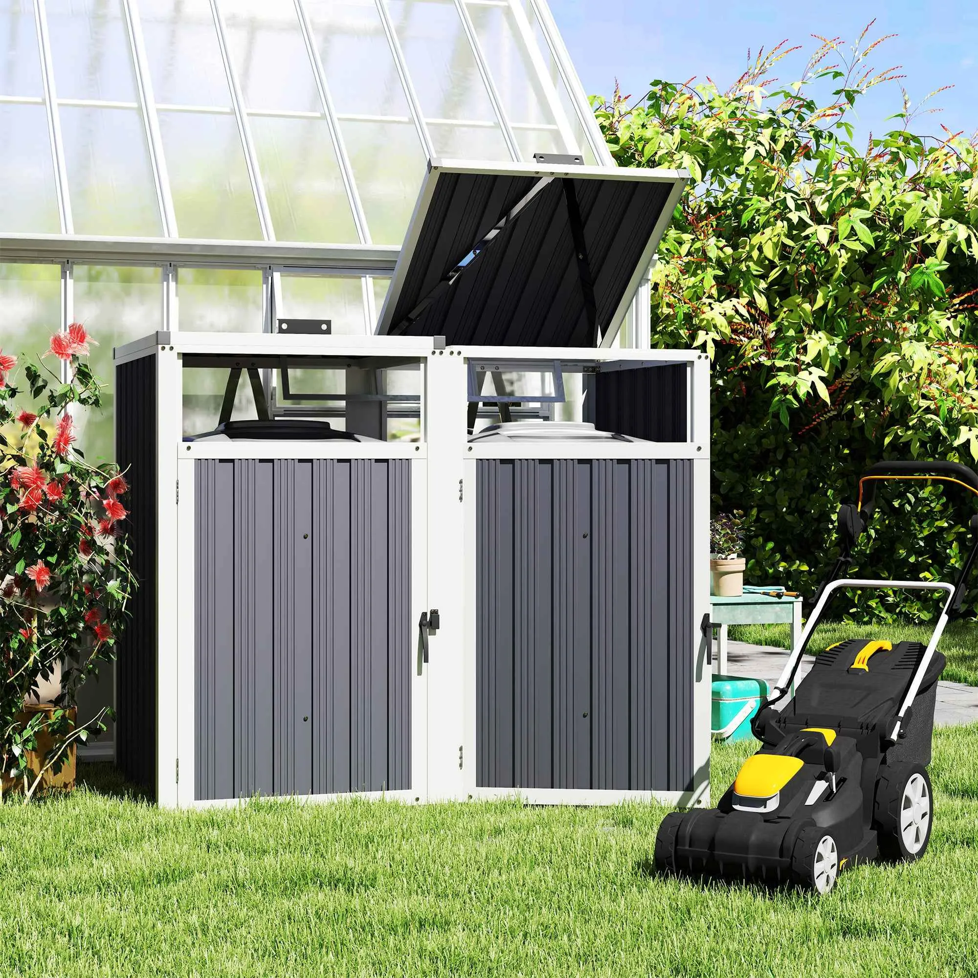Outsunny 2-Section Garbage Can Shed with Lift-Off Lid, Galvanized Steel, 146x81x122 cm, Dark Grey - Image 2