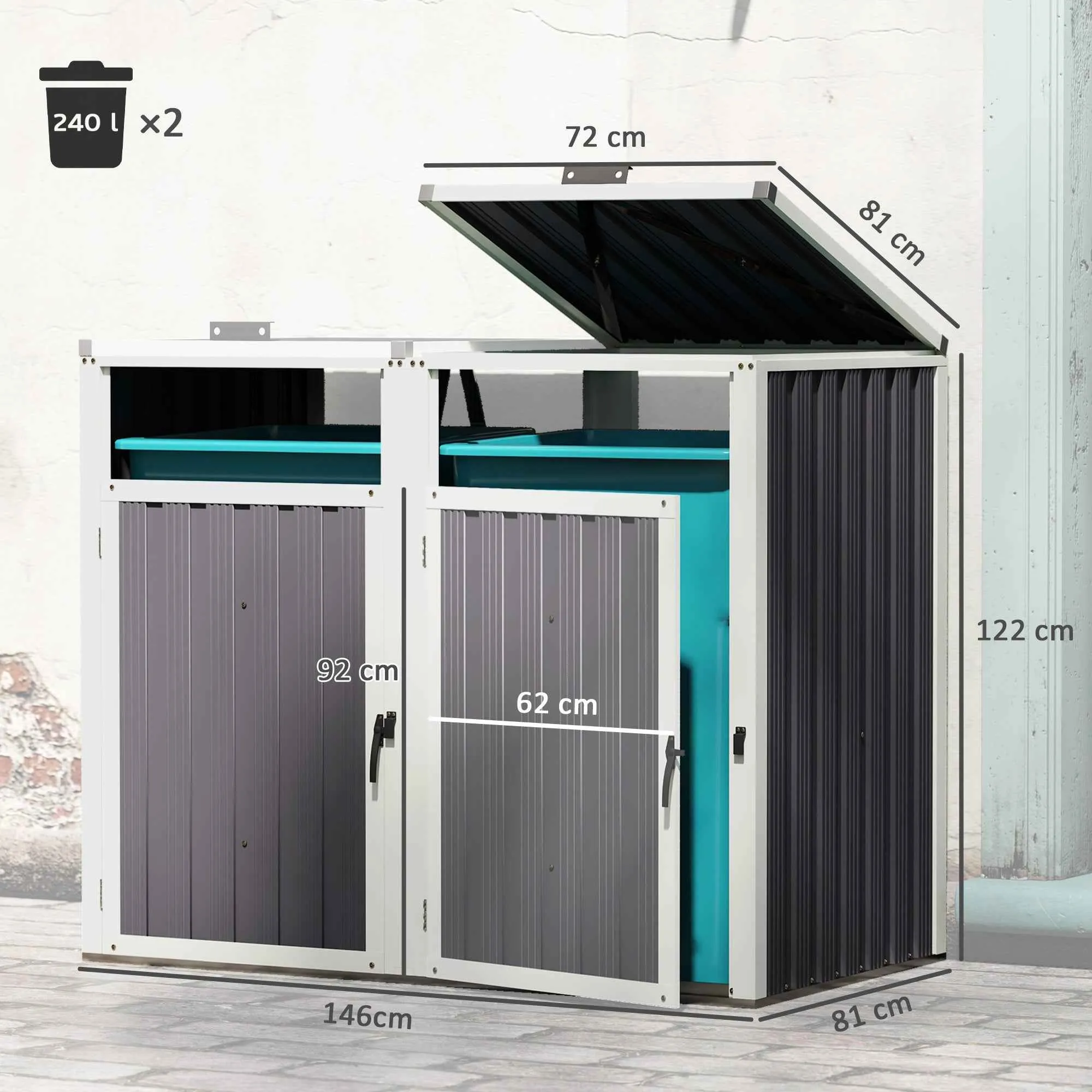 Outsunny 2-Section Garbage Can Shed with Lift-Off Lid, Galvanized Steel, 146x81x122 cm, Dark Grey - Image 3