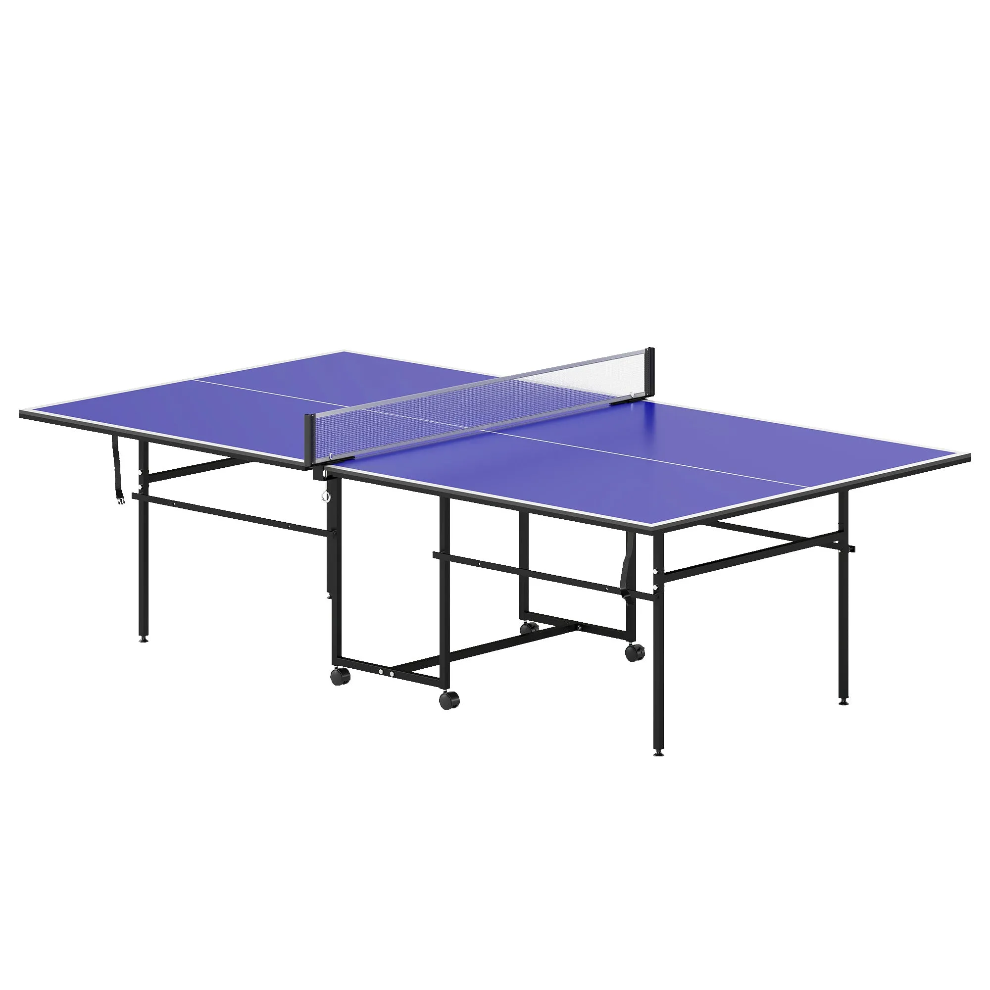 SPORTNOW Folding Indoor Ping Pong Table with Swivel Wheels, Net, Bats and Balls, Blue