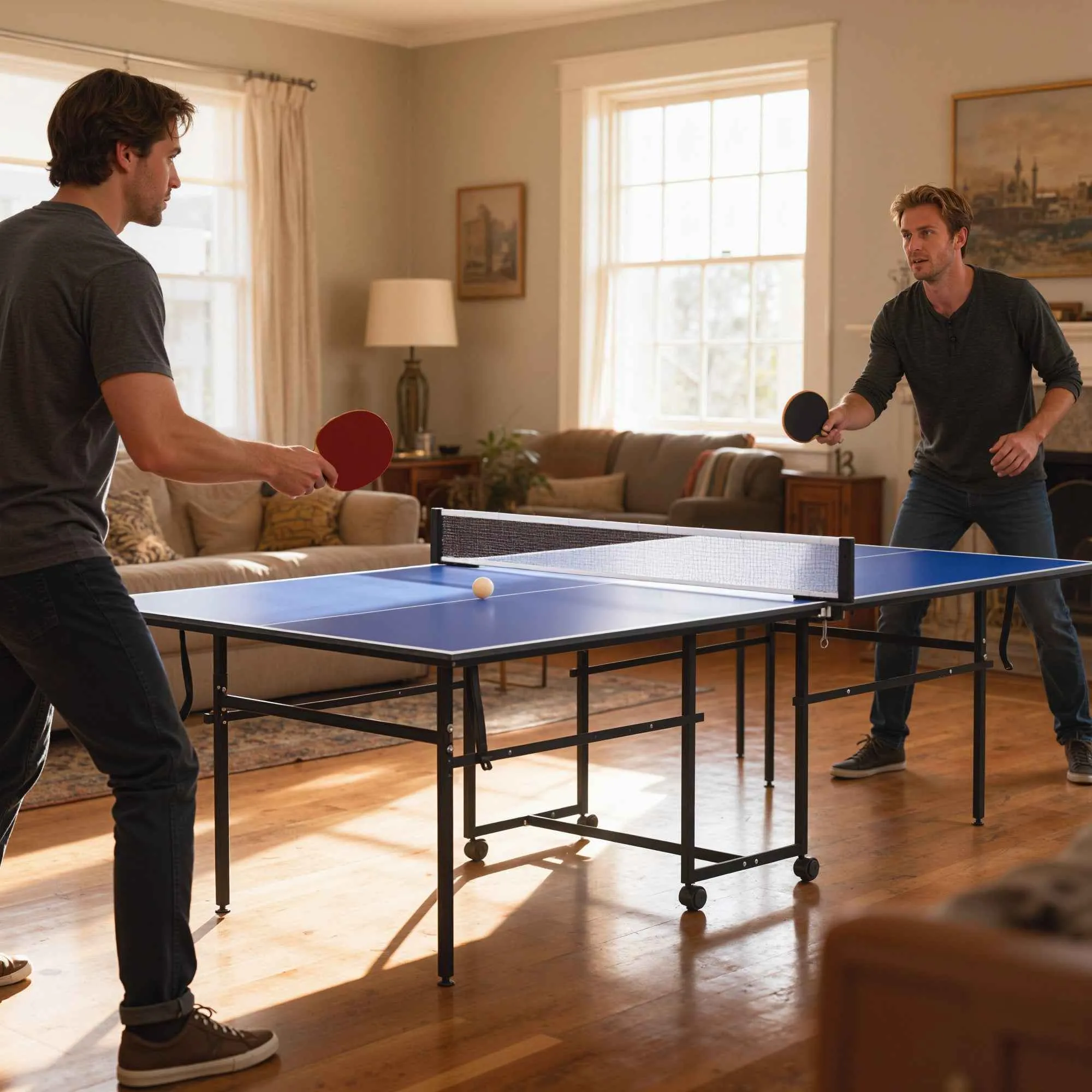 SPORTNOW Folding Indoor Ping Pong Table with Swivel Wheels, Net, Bats and Balls, Blue - Image 2