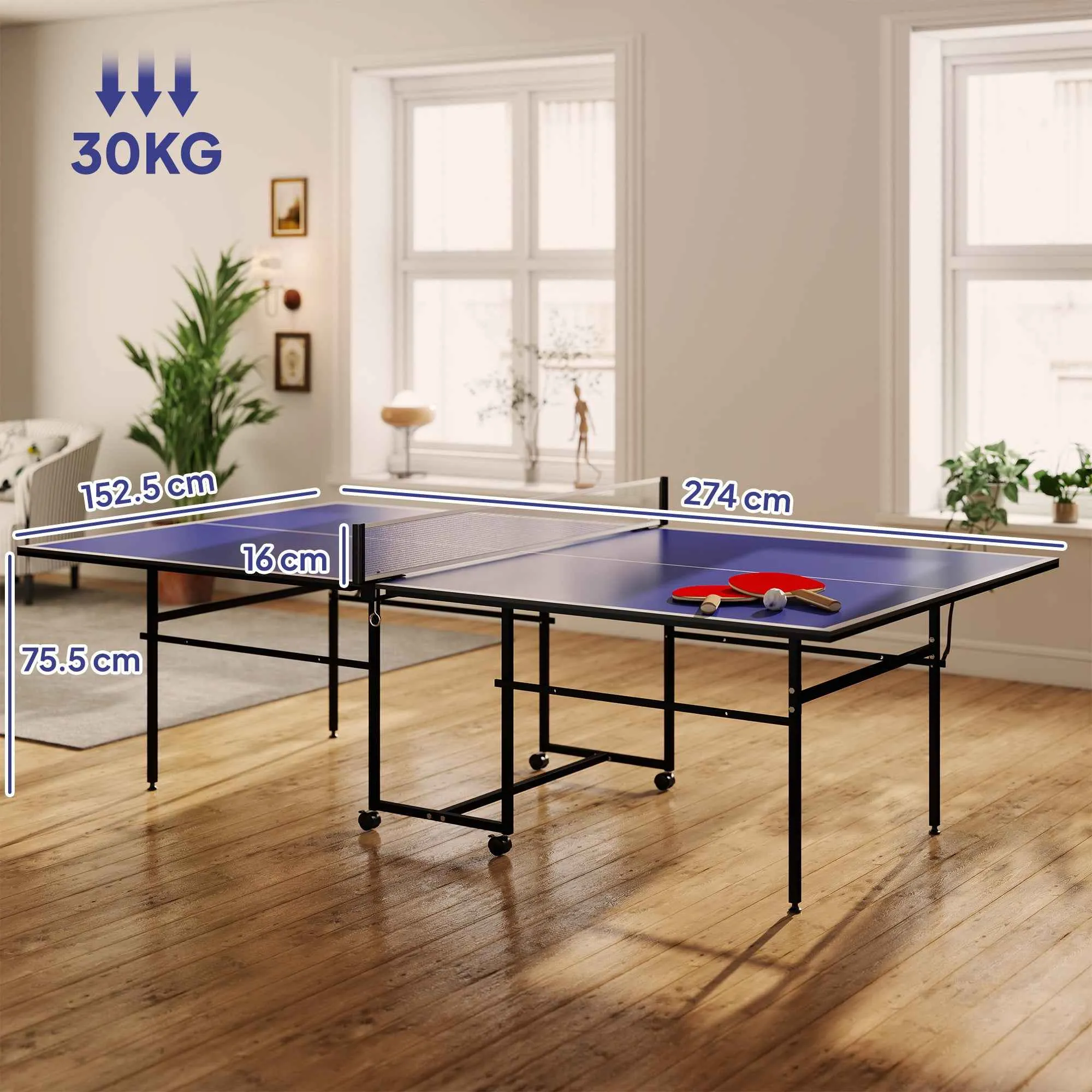 SPORTNOW Folding Indoor Ping Pong Table with Swivel Wheels, Net, Bats and Balls, Blue - Image 3