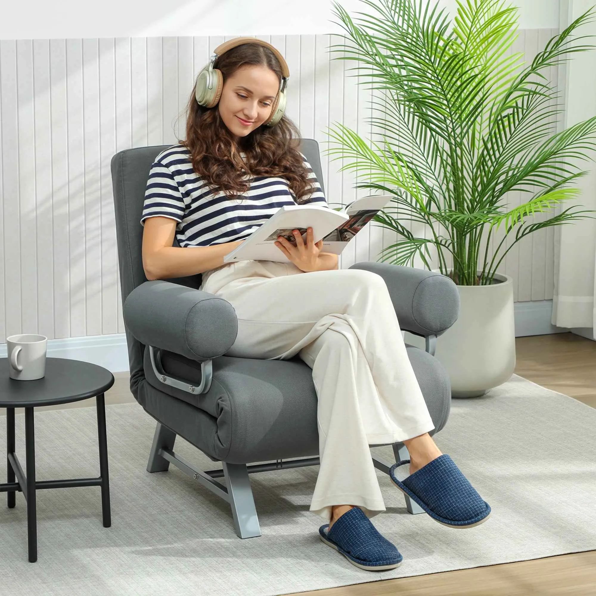 HOMCOM 3-in-1 Sofa Bed with 5-Level Reclining Backrest, Linen-Effect Fabric, 73x78x81 cm, Dark Grey - Image 2