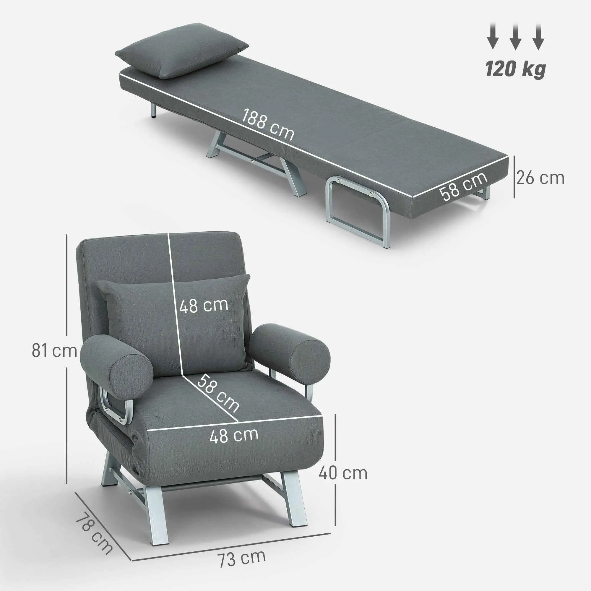 HOMCOM 3-in-1 Sofa Bed with 5-Level Reclining Backrest, Linen-Effect Fabric, 73x78x81 cm, Dark Grey - Image 3