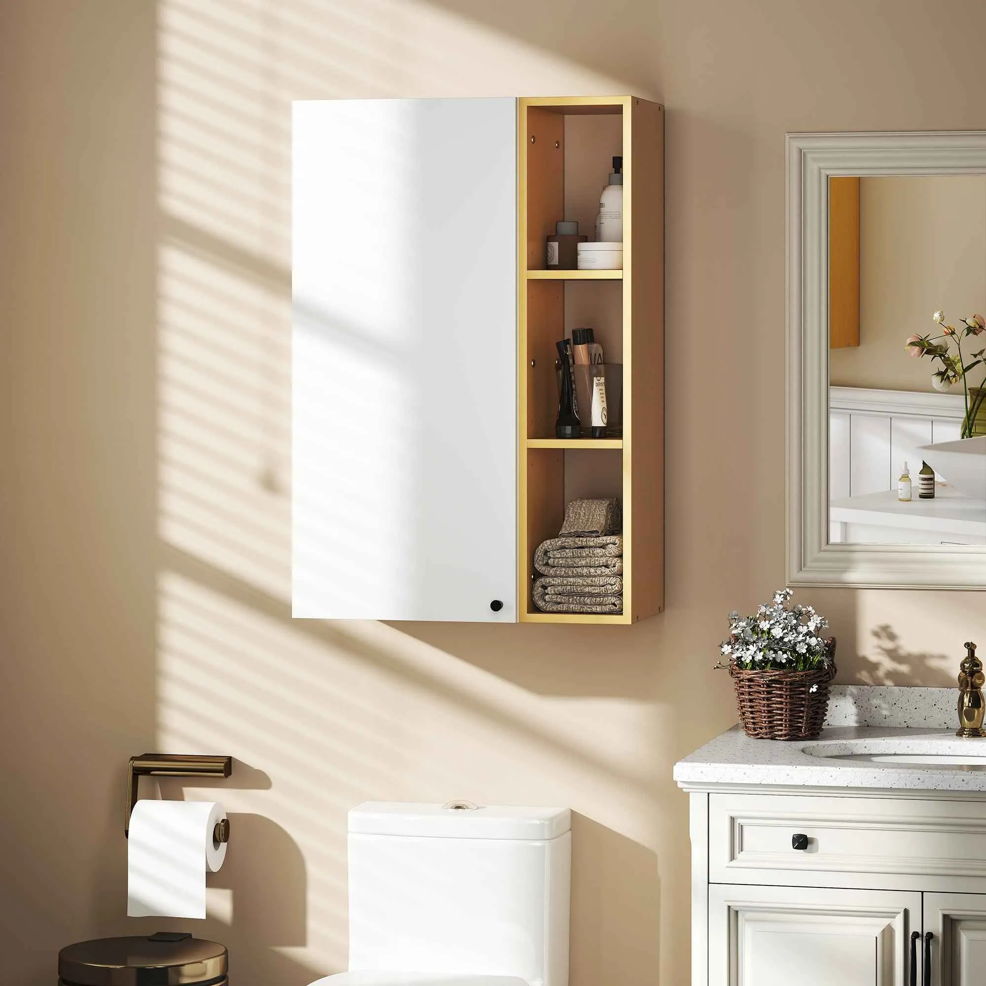 HOMCOM Wall-Mounted Bathroom Cabinet with Adjustable Shelves and 3 Open Shelves, 59.5x30x90 cm, White and Wood - Image 2