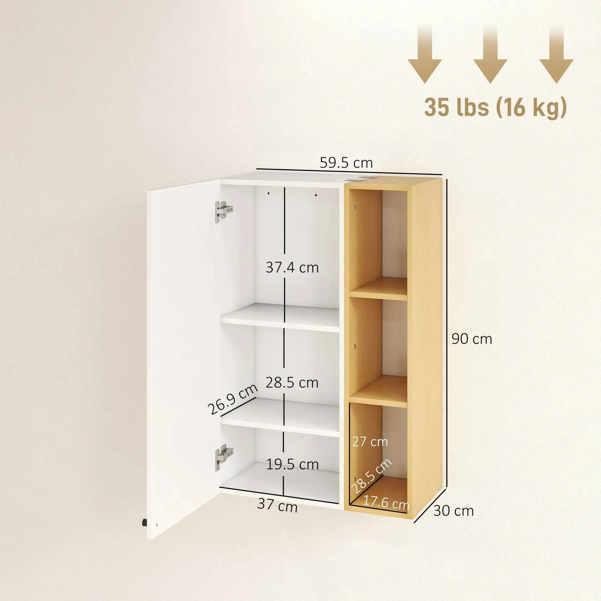 HOMCOM Wall-Mounted Bathroom Cabinet with Adjustable Shelves and 3 Open Shelves, 59.5x30x90 cm, White and Wood - Image 3