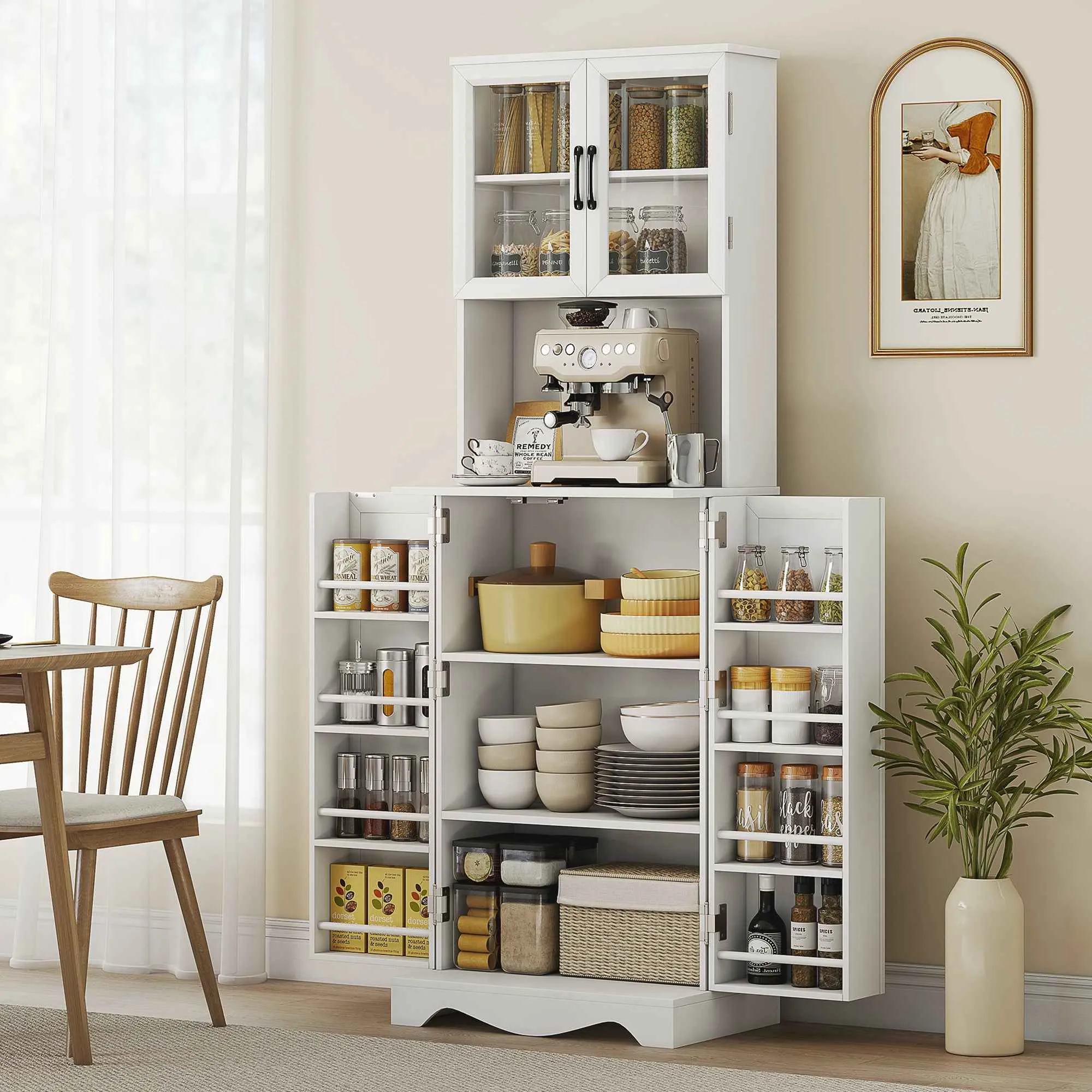 HOMCOM Kitchen Cabinet with 2 Cabinets and 8 Shelves, Wood and Acrylic, 60x39.5x179.6 cm, White - Image 2