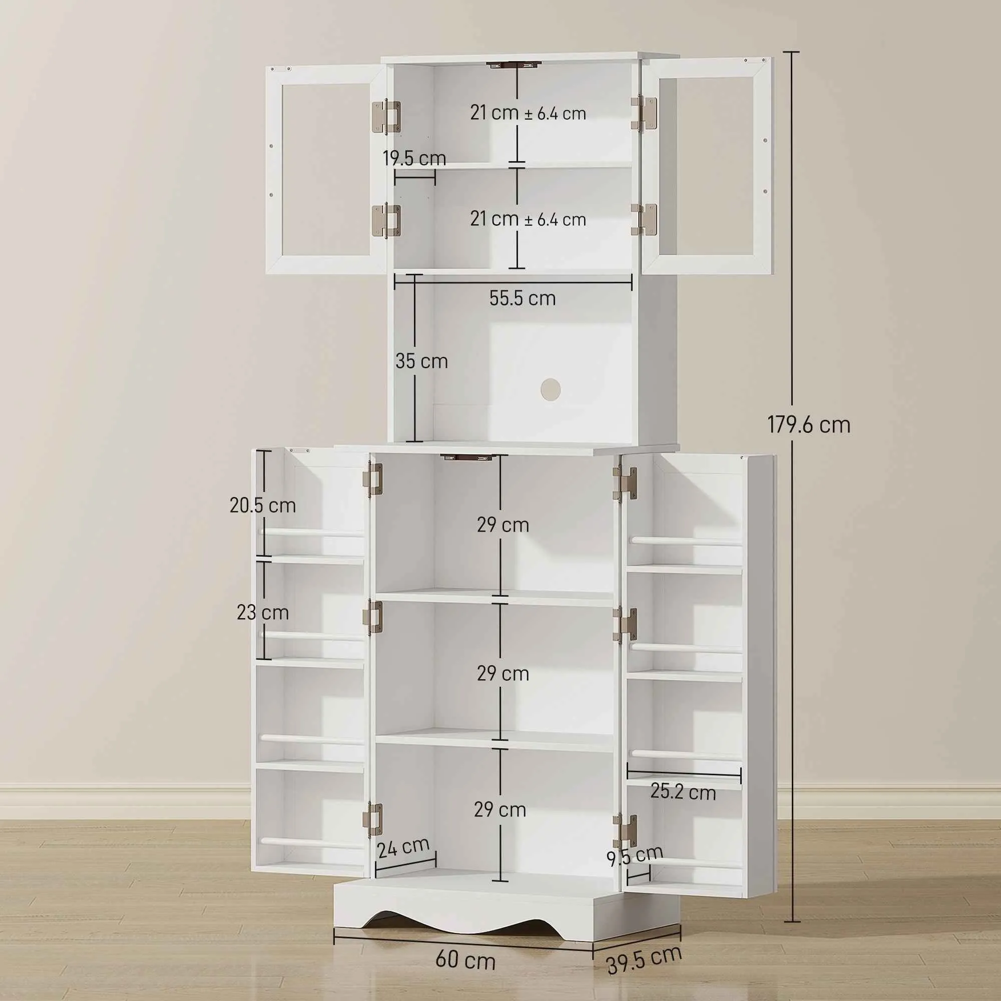 HOMCOM Kitchen Cabinet with 2 Cabinets and 8 Shelves, Wood and Acrylic, 60x39.5x179.6 cm, White - Image 3