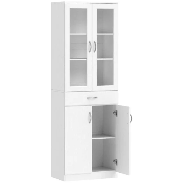 HOMCOM Kitchen Sideboard with 2 Cabinets and a Drawer, Adjustable Shelves and Glass Doors, 60x35x180 cm, White