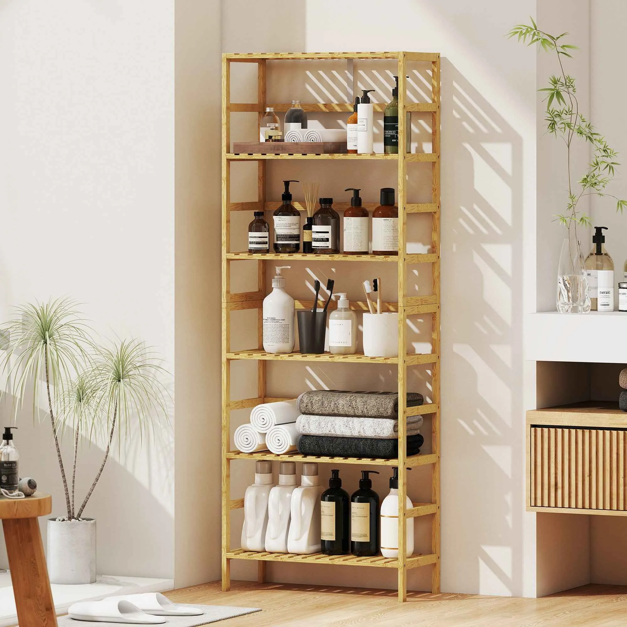 HOMCOM 6-Tier Bamboo Bookshelf with Adjustable Shelves, 60x26x161cm, Natural Wood - Image 2