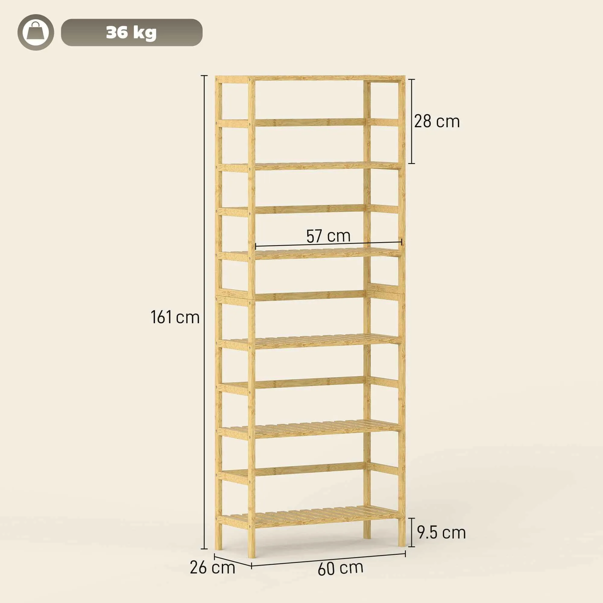 HOMCOM 6-Tier Bamboo Bookshelf with Adjustable Shelves, 60x26x161cm, Natural Wood - Image 3
