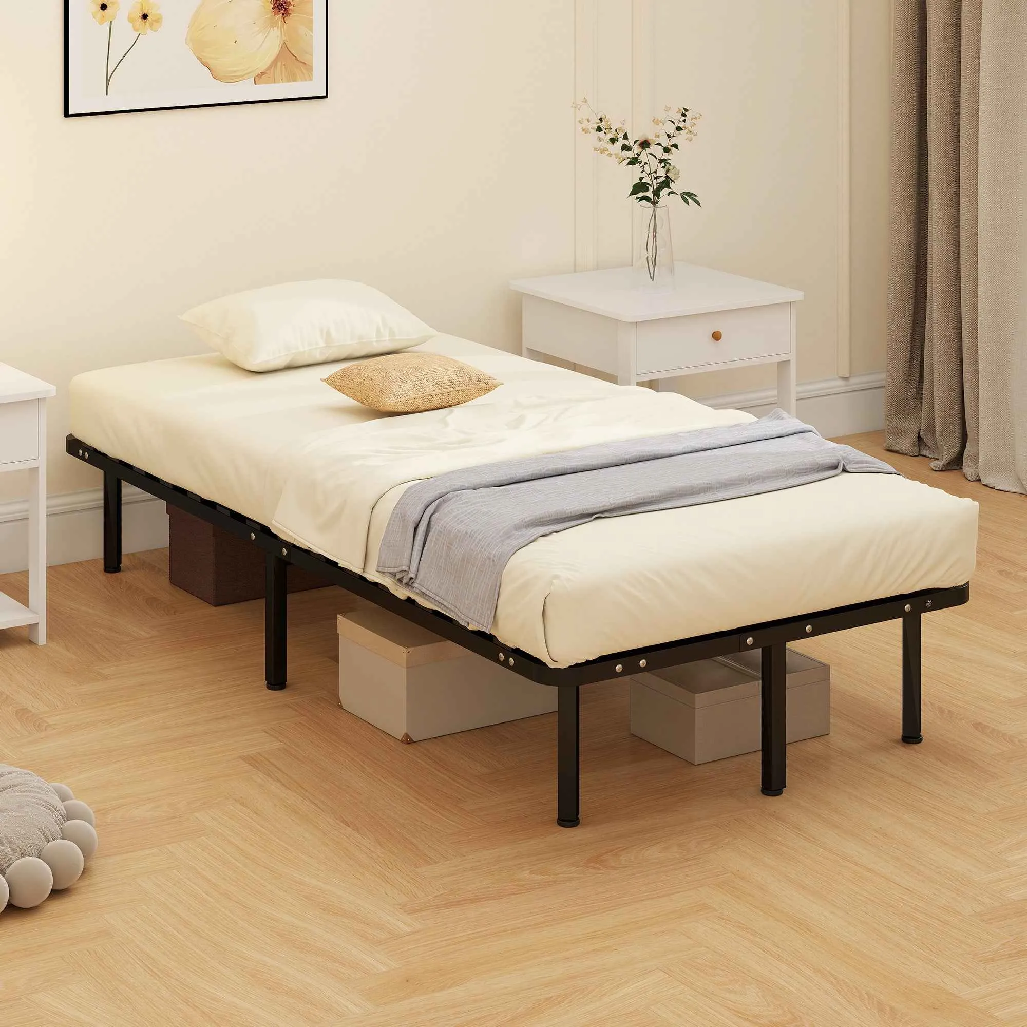 HOMCOM Industrial Bed Frame with 28 Slats and Storage Space, in Wood and Steel, 190x90x31 cm, Black and Wood - Image 2