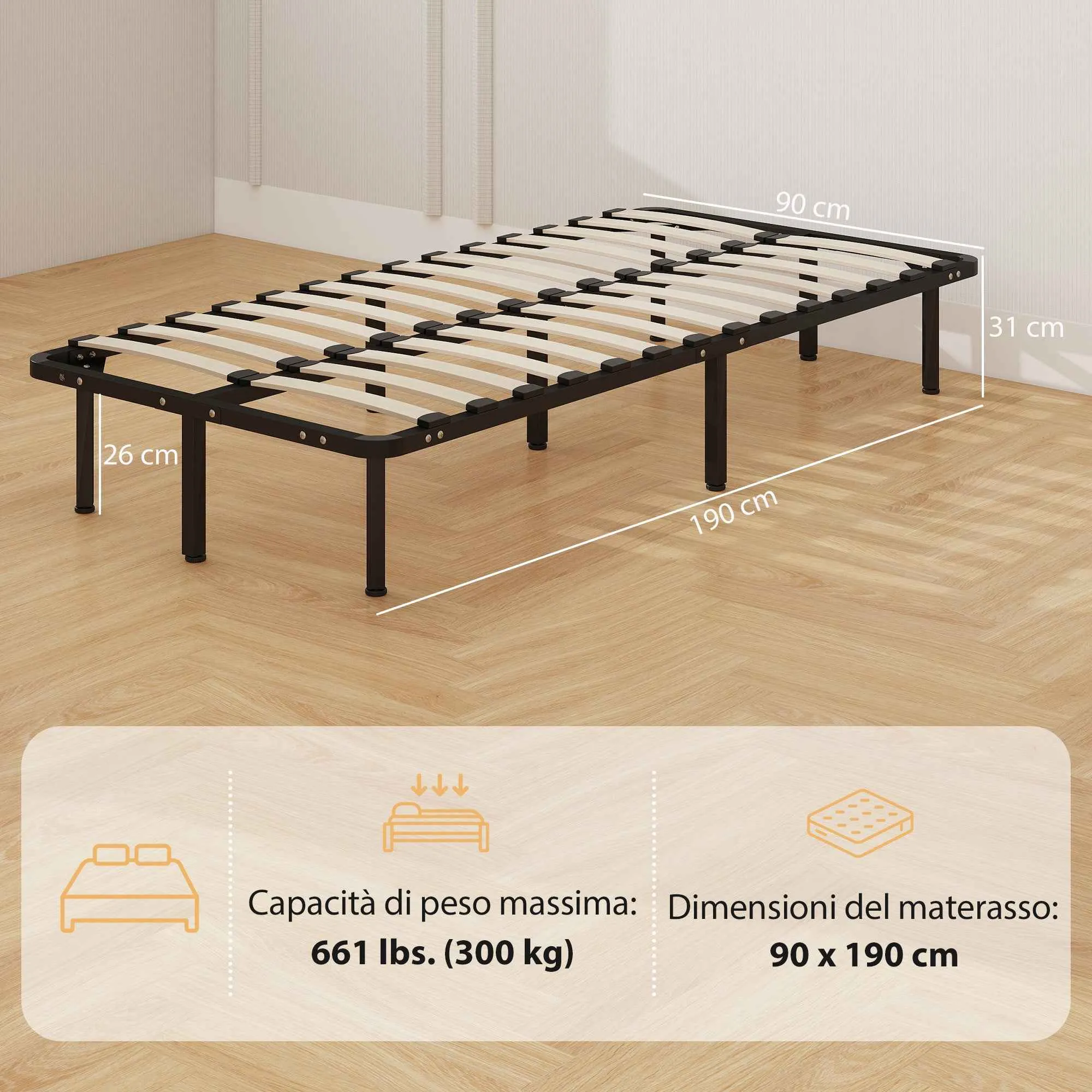 HOMCOM Industrial Bed Frame with 28 Slats and Storage Space, in Wood and Steel, 190x90x31 cm, Black and Wood - Image 3
