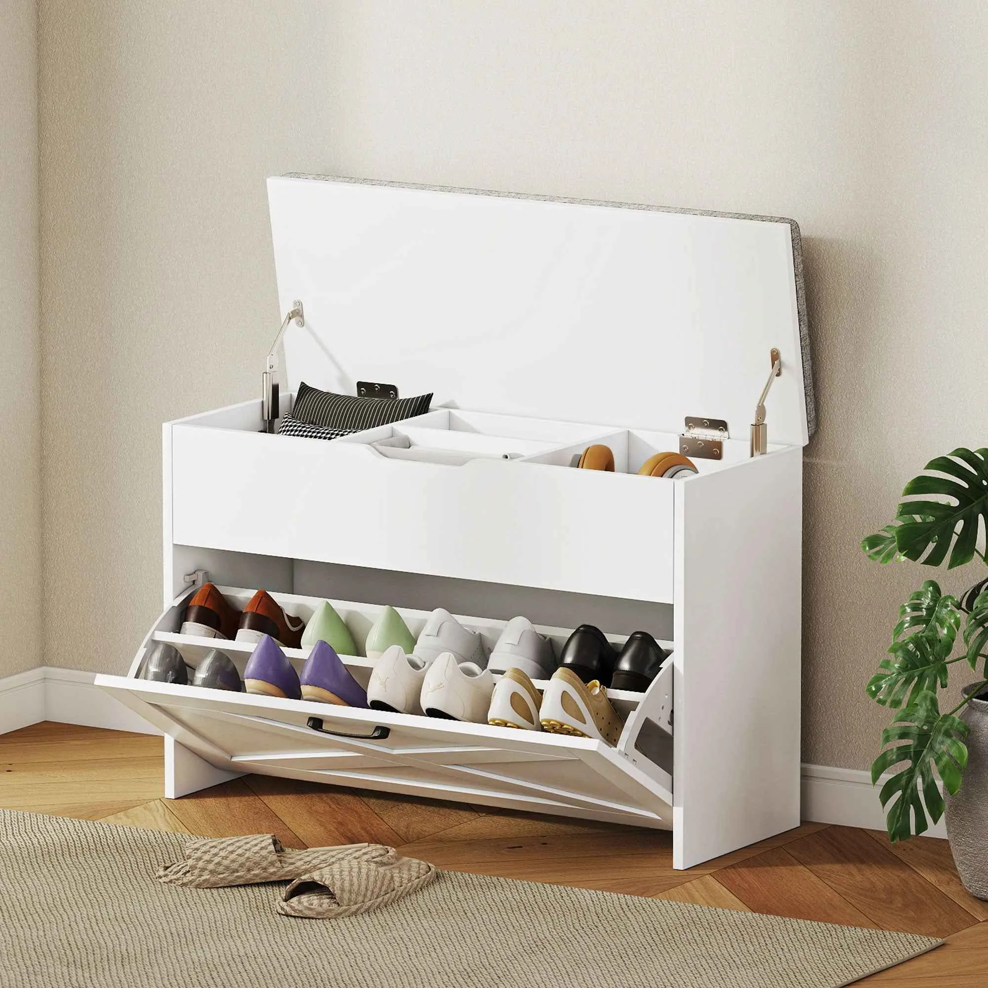 HOMCOM Shoe Bench with Folding Drawer and Storage, Capacity for 8 Pairs of Shoes, 80x30x55 cm, White - Image 2