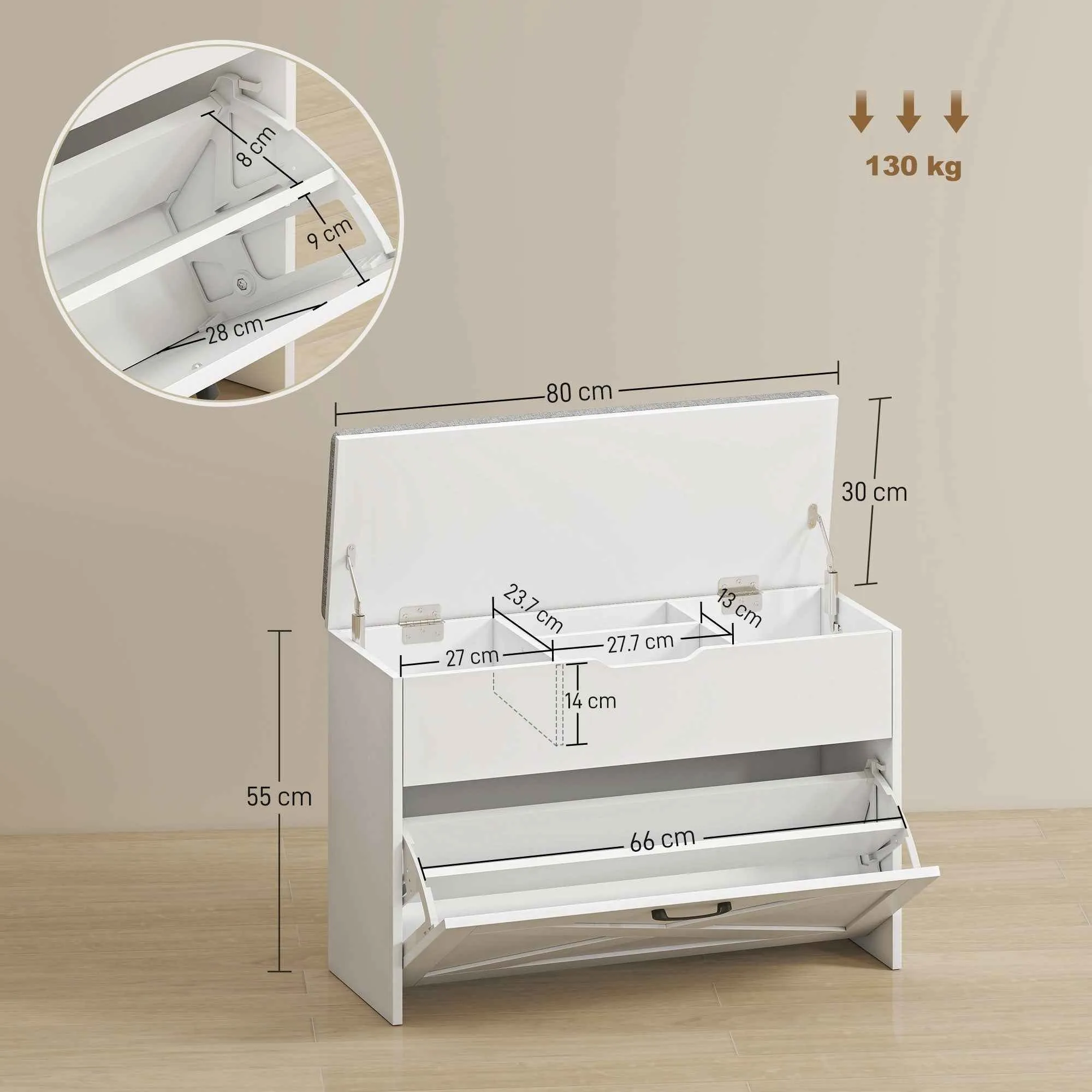 HOMCOM Shoe Bench with Folding Drawer and Storage, Capacity for 8 Pairs of Shoes, 80x30x55 cm, White - Image 3
