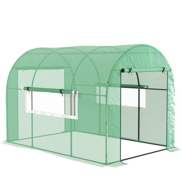 3x2x2 m Steel and UV-Resistant Polyethylene Tunnel Greenhouse for Vegetable Garden with Roll-Up Doors and Windows, Green
