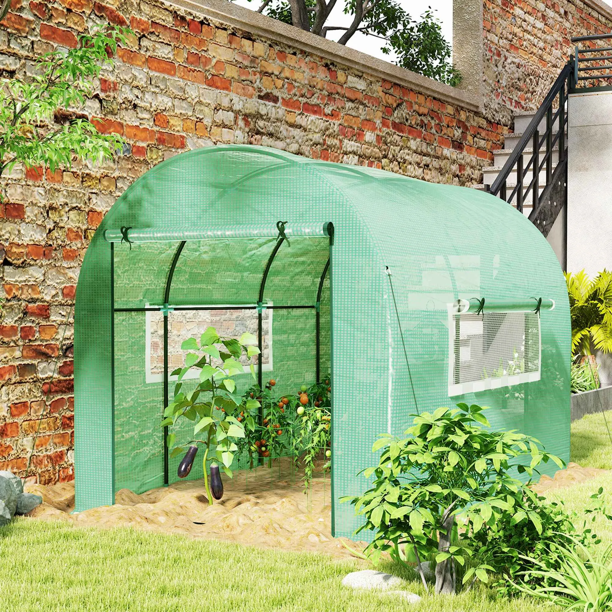 3x2x2 m Steel and UV-Resistant Polyethylene Tunnel Greenhouse for Vegetable Garden with Roll-Up Doors and Windows, Green - Image 2