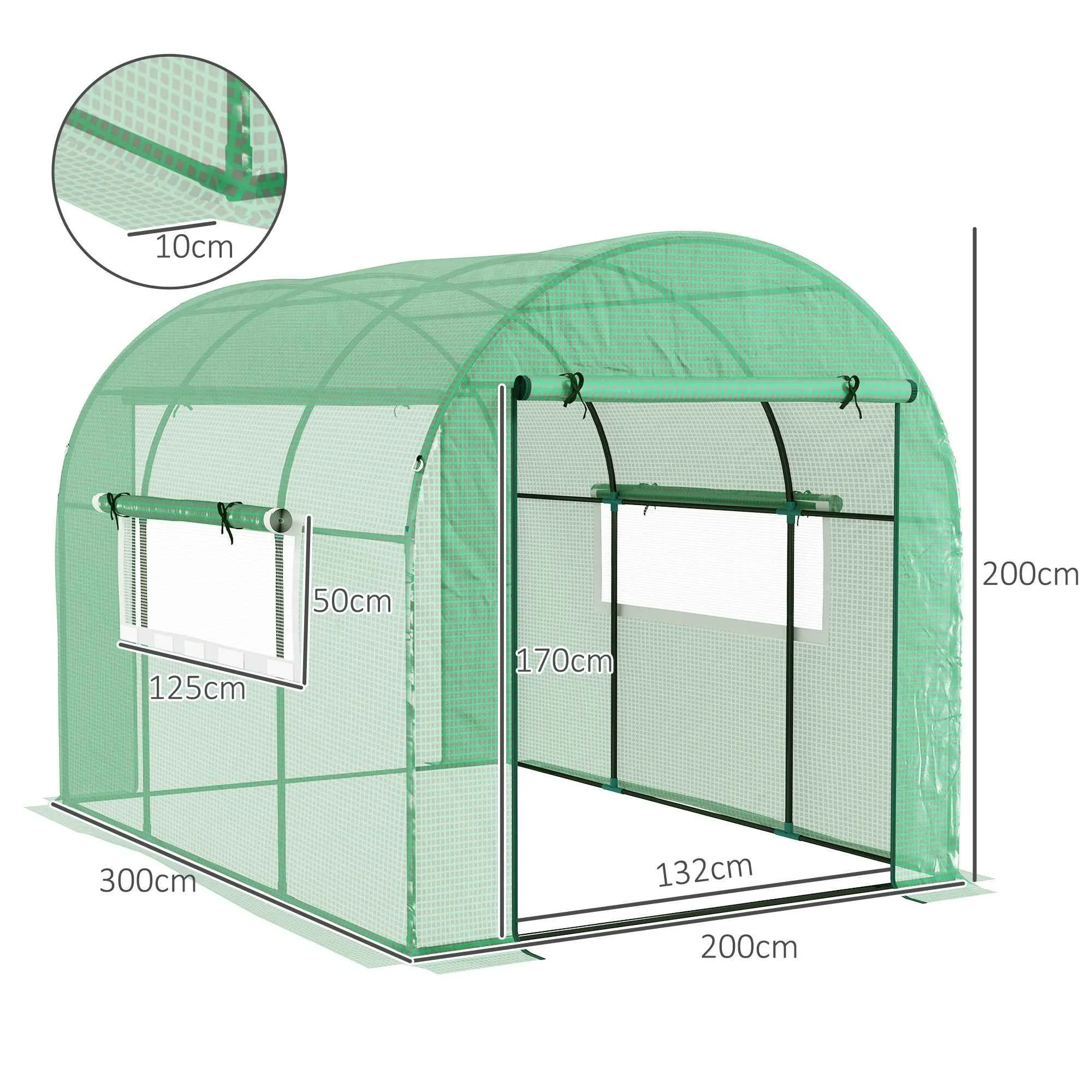 3x2x2 m Steel and UV-Resistant Polyethylene Tunnel Greenhouse for Vegetable Garden with Roll-Up Doors and Windows, Green - Image 3