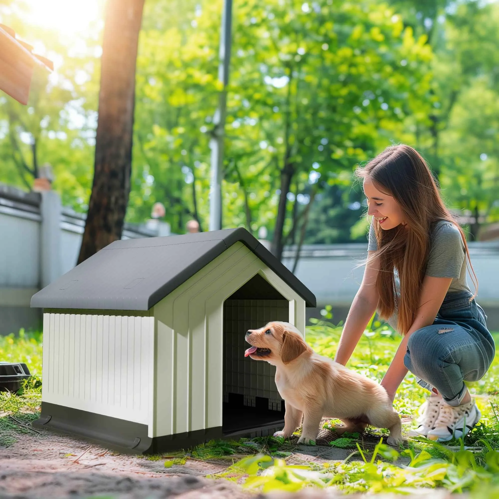 PawHut Waterproof Outdoor Plastic Dog House for Small and Mini Dogs with Window, 62x61x60 cm, Grey - Image 2