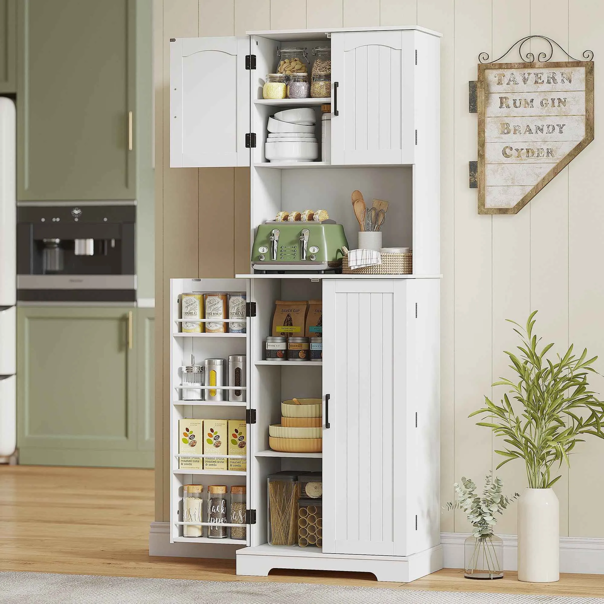 HOMCOM Country Style Tall Kitchen Sideboard, 2 Cabinets and 8 Spice Racks, 60x40x181.5 cm, White - Image 2