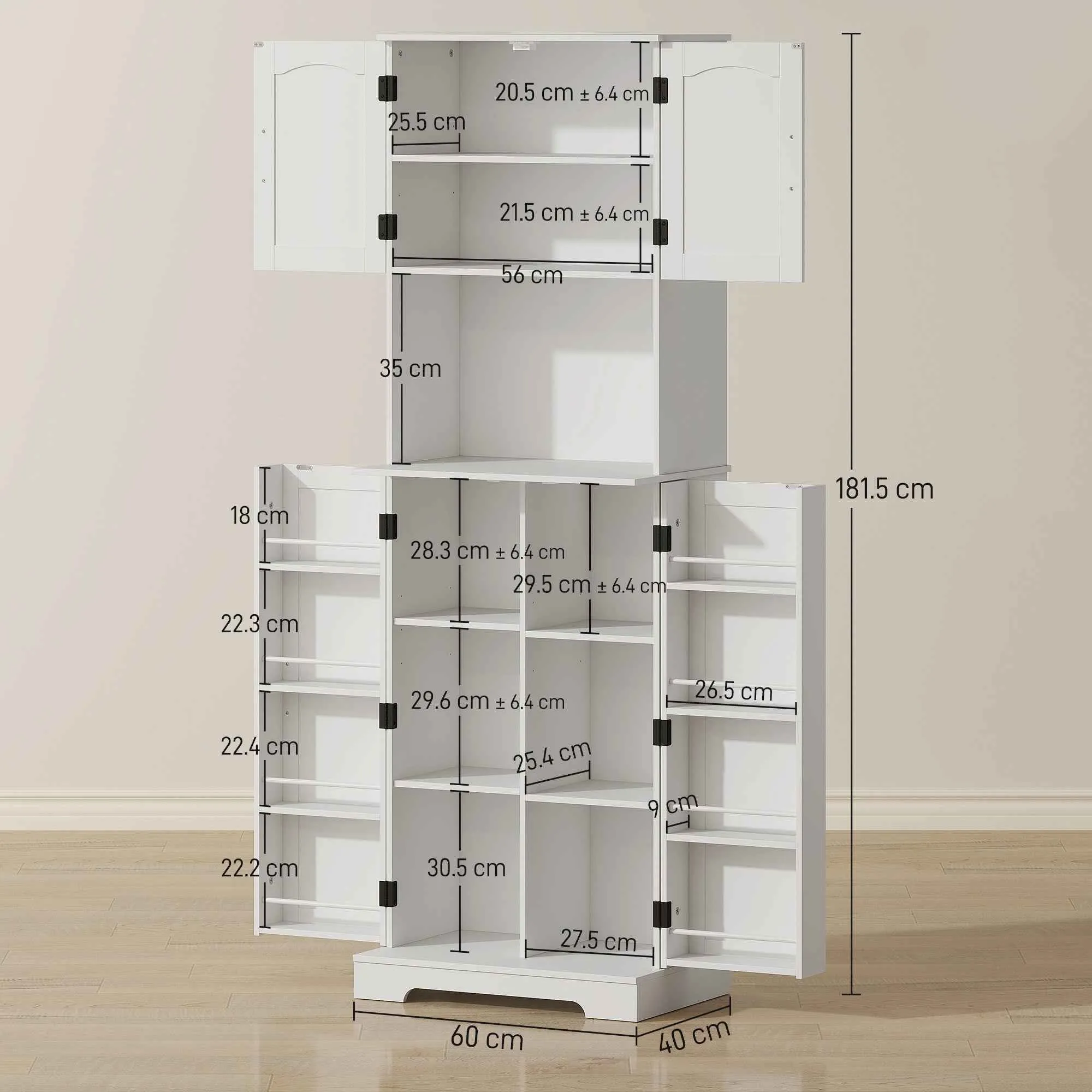 HOMCOM Country Style Tall Kitchen Sideboard, 2 Cabinets and 8 Spice Racks, 60x40x181.5 cm, White - Image 3