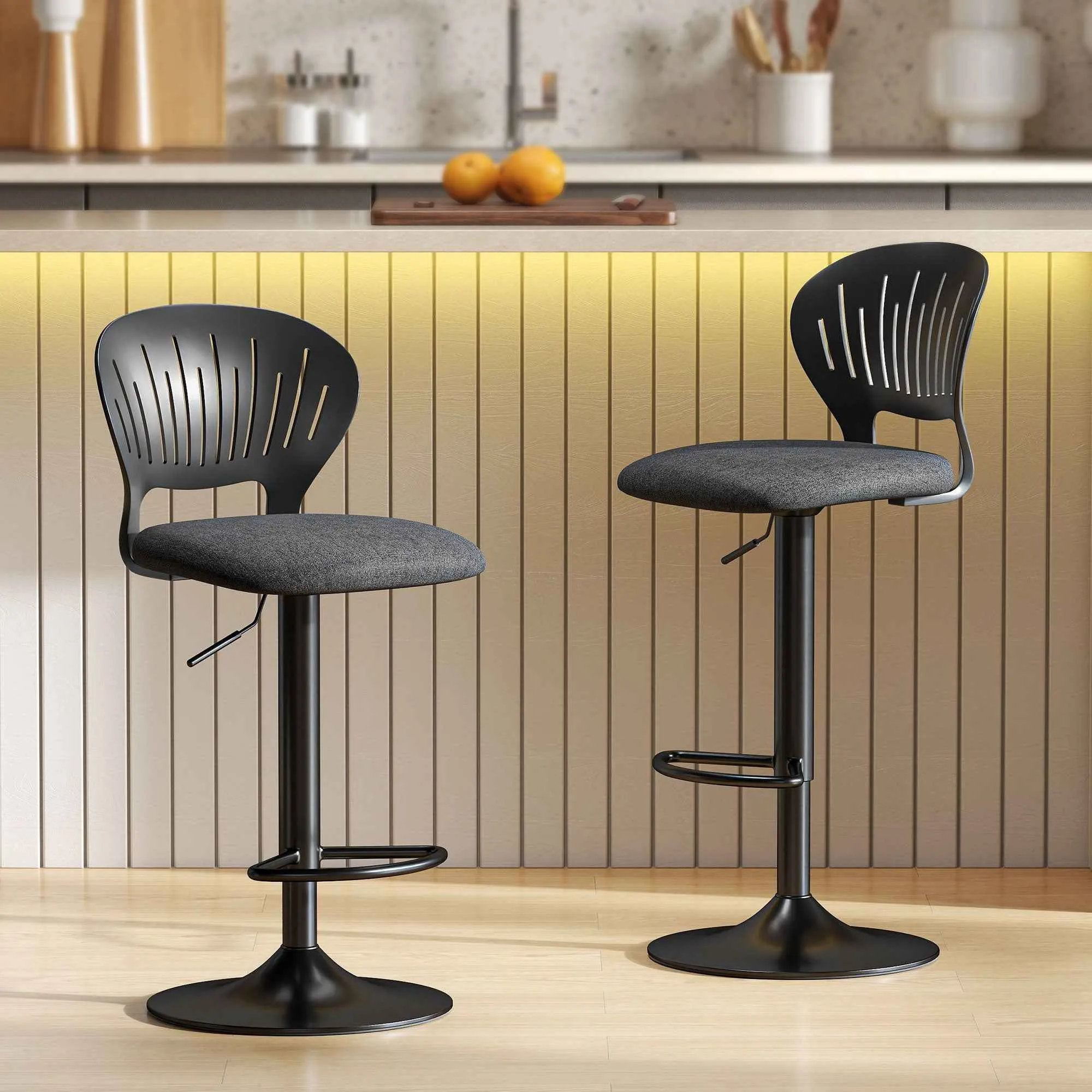 HOMCOM Set of 2 Breathable Linen-Effect Fabric and Metal Bar Stools with Footrest, 40.5x43x84-105 cm, Black - Image 2