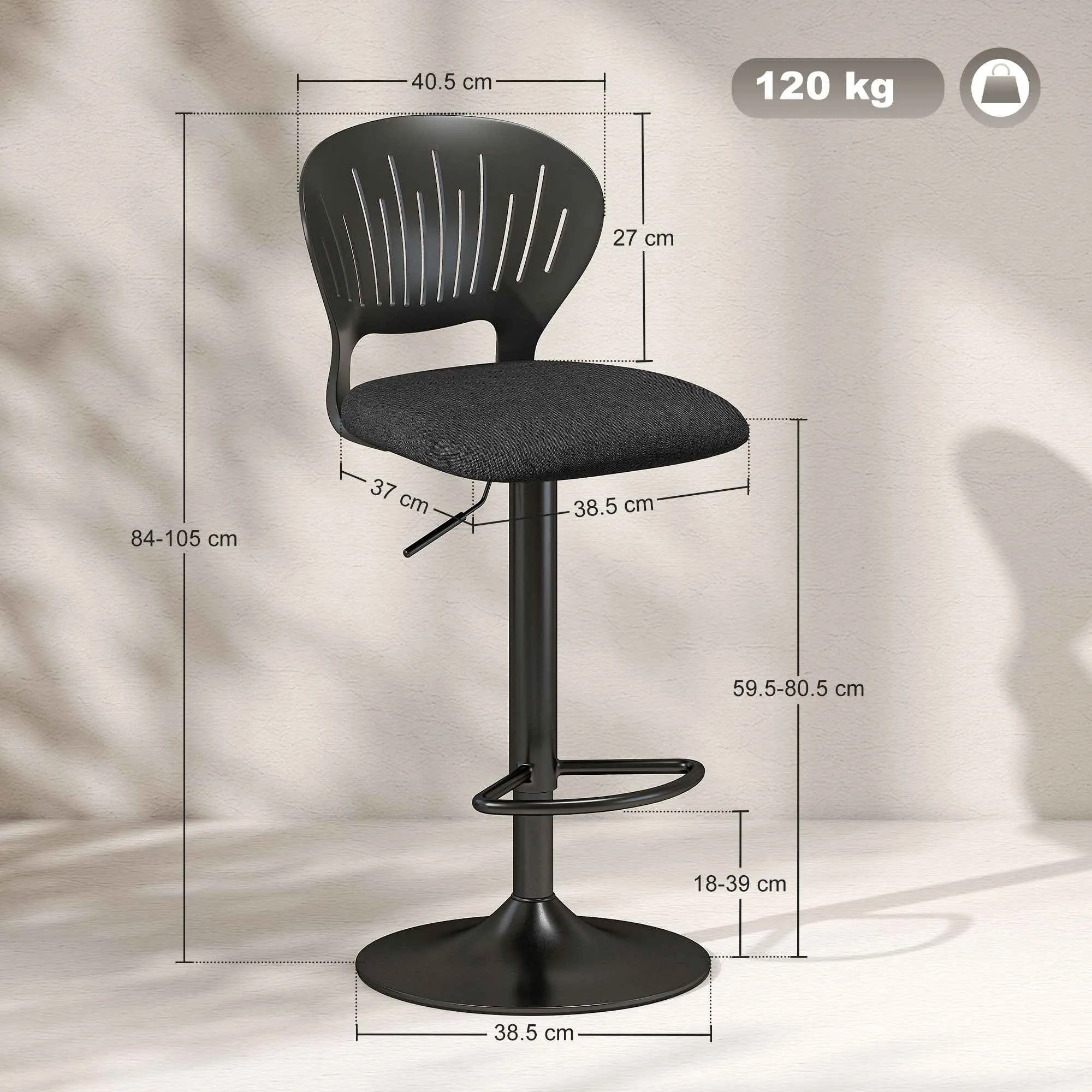 HOMCOM Set of 2 Breathable Linen-Effect Fabric and Metal Bar Stools with Footrest, 40.5x43x84-105 cm, Black - Image 3