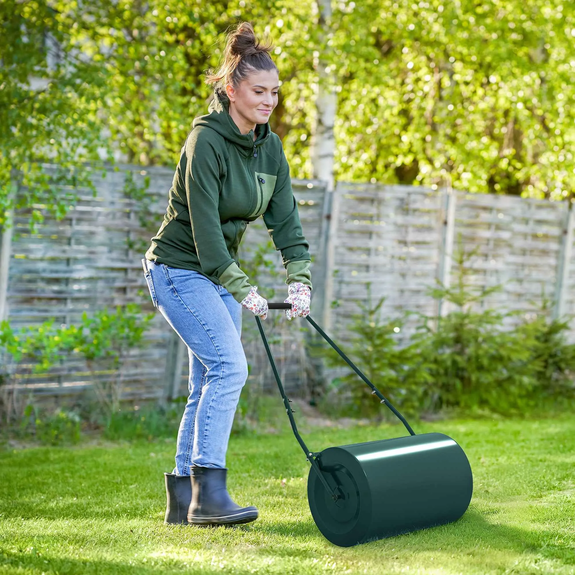 Outsunny 63L Lawn Roller with Scraper Blade, Metal, 123x58x40 cm, Dark Green - Image 2