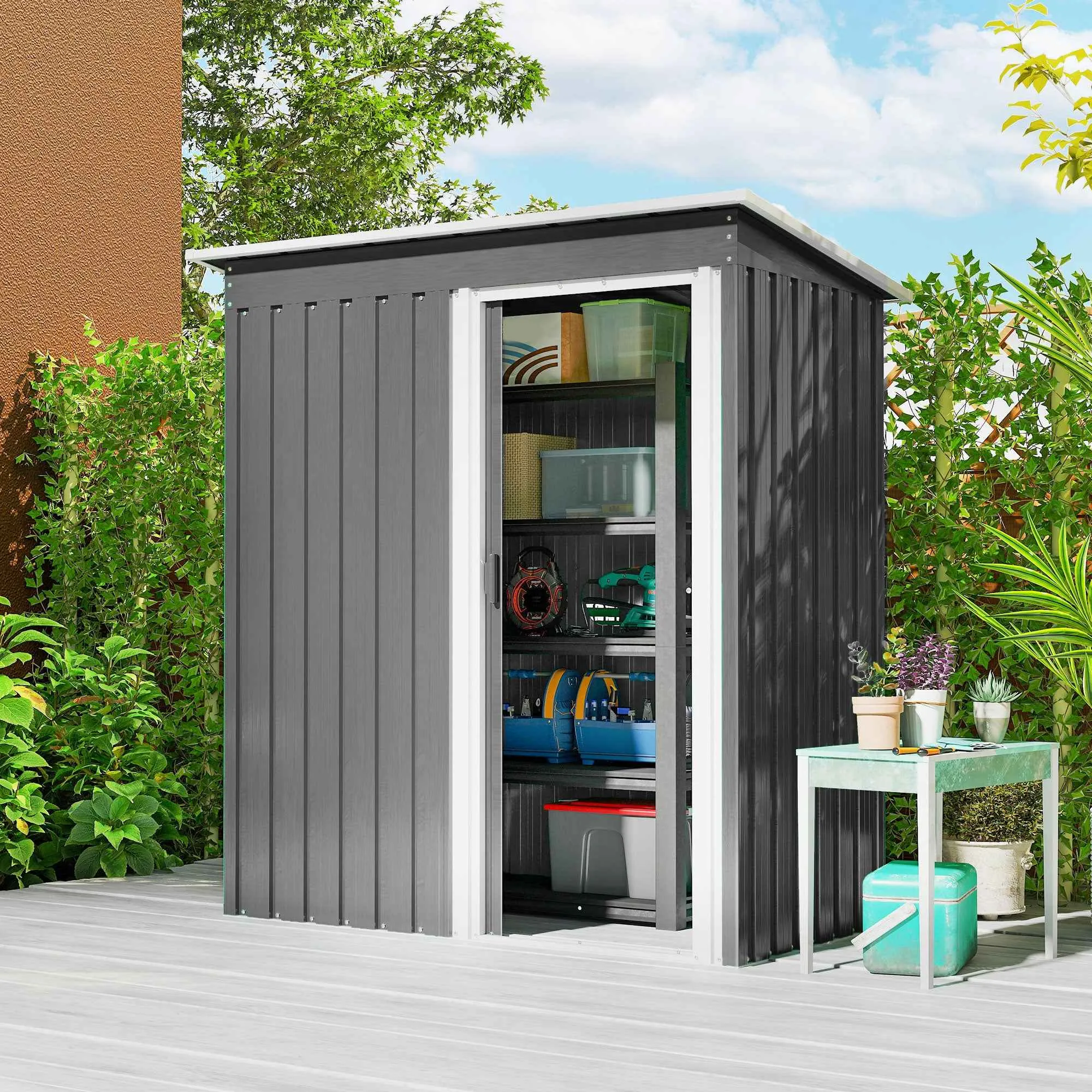 Outsunny Tool Shed with Sloped Roof and Sliding Door, Steel and PP, 163x89x182 cm, Light Grey - Image 2