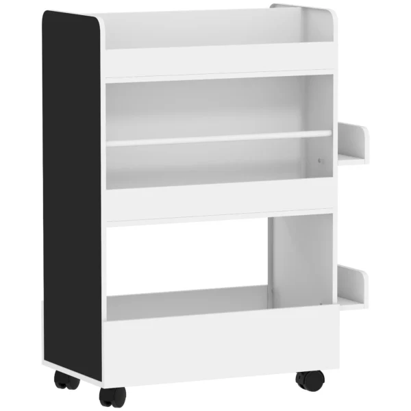 AIYAPLAY Double-Sided Bookcase for Children Ages 3-8, Toy Storage Rack with Wheels and Blackboard, White
