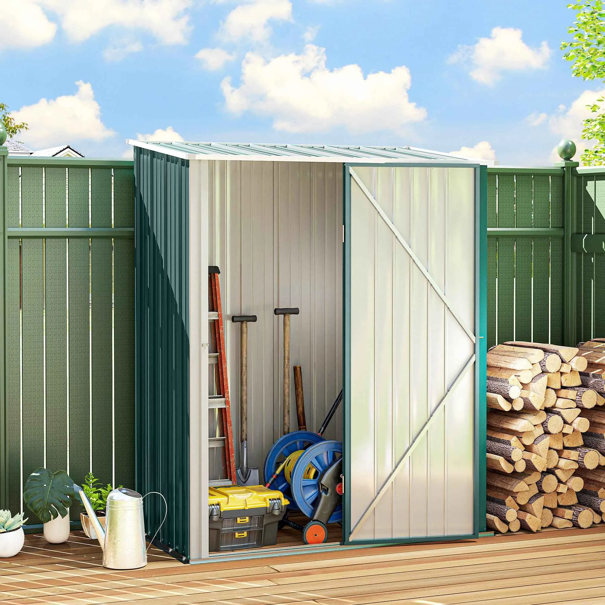 Outsunny Steel Garden Shed with Latch, 161.5 x 94.5 x 196 cm, Green - Image 2