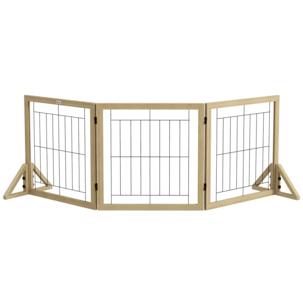 PawHut Folding Dog Gate with 3 Panels and Triangular Feet, 210x70 cm, Natural Wood