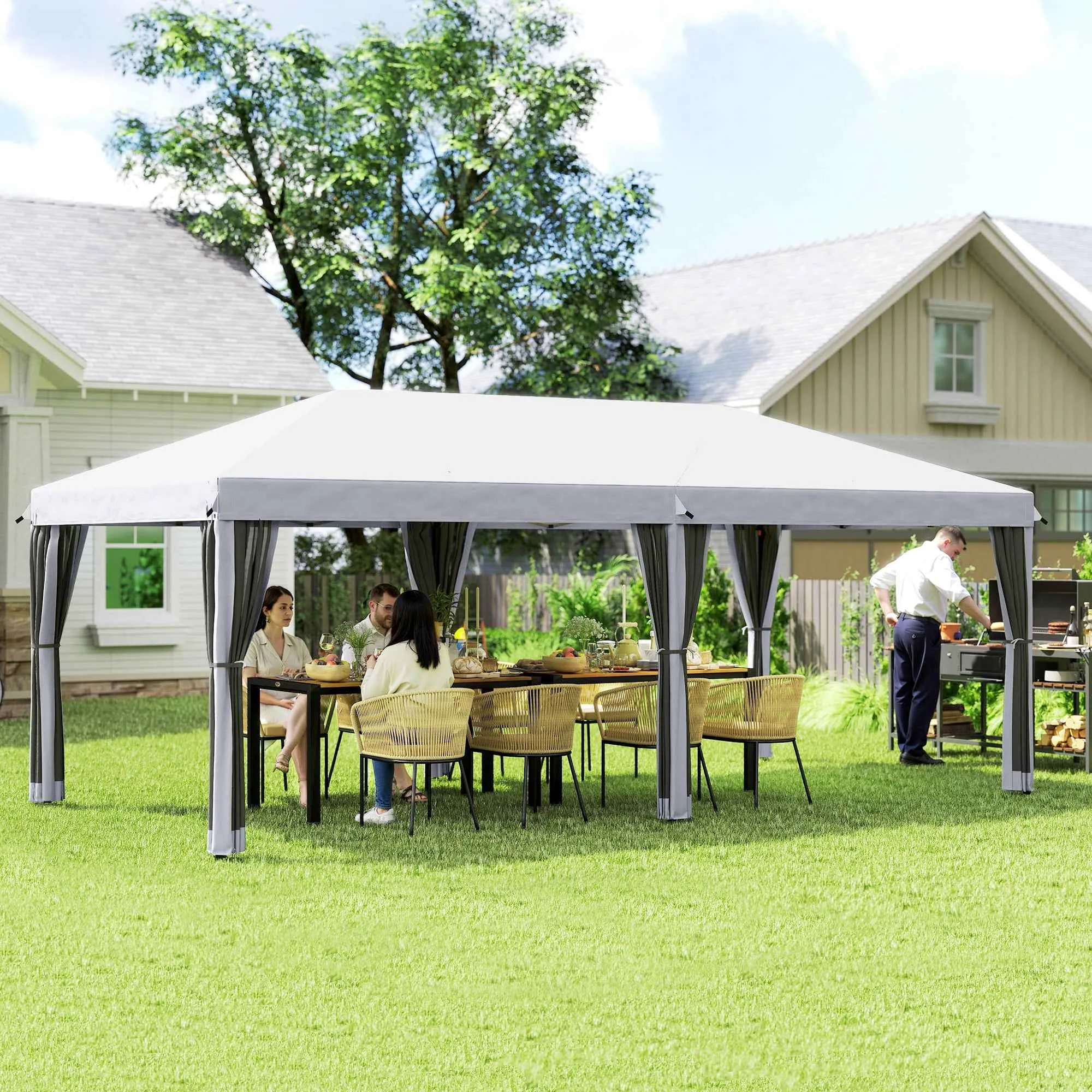 Outsunny 6x3m Folding Garden Gazebo with Mosquito Net and Carry Bag, Cream - Image 2