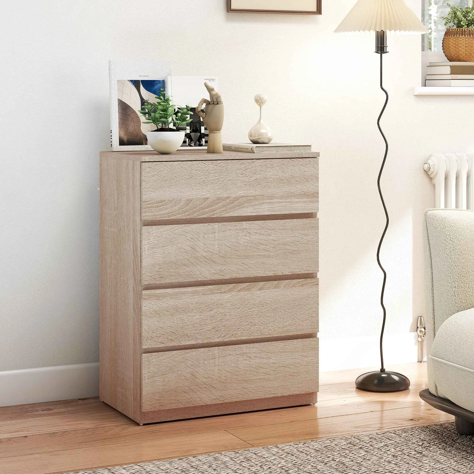 HOMCOM 4-Drawer Wooden Chest of Drawers with Metal Rails and Grooved Handles, 60x40x80 cm, Beech Color - Image 2