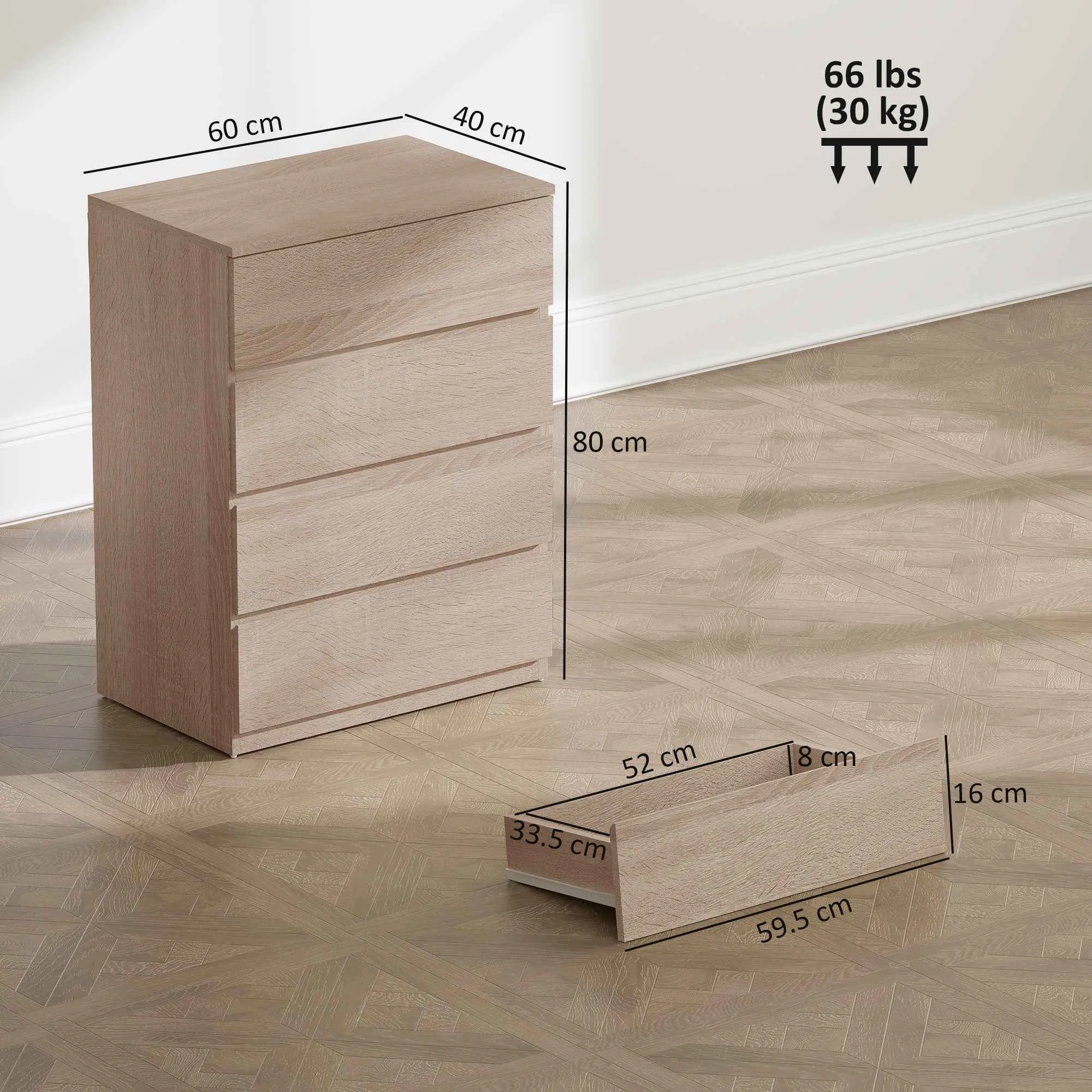HOMCOM 4-Drawer Wooden Chest of Drawers with Metal Rails and Grooved Handles, 60x40x80 cm, Beech Color - Image 3